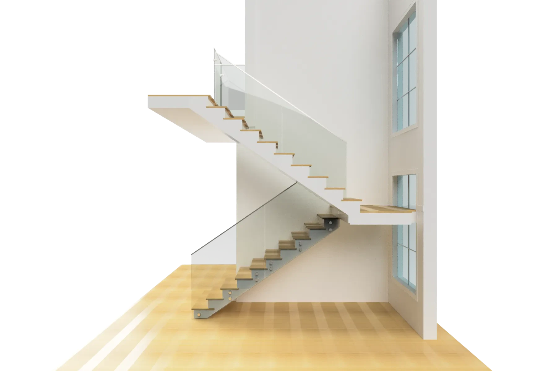 Contemporary glass staircase with clear glass railings enhances modern home decor.
