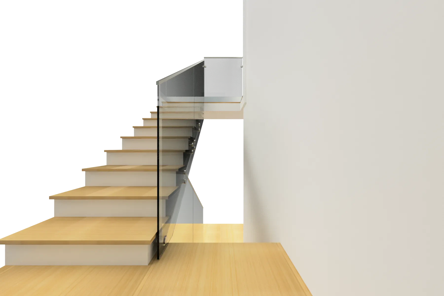 Elegant glass staircase with modern glass railing and wooden steps in a contemporary home.
