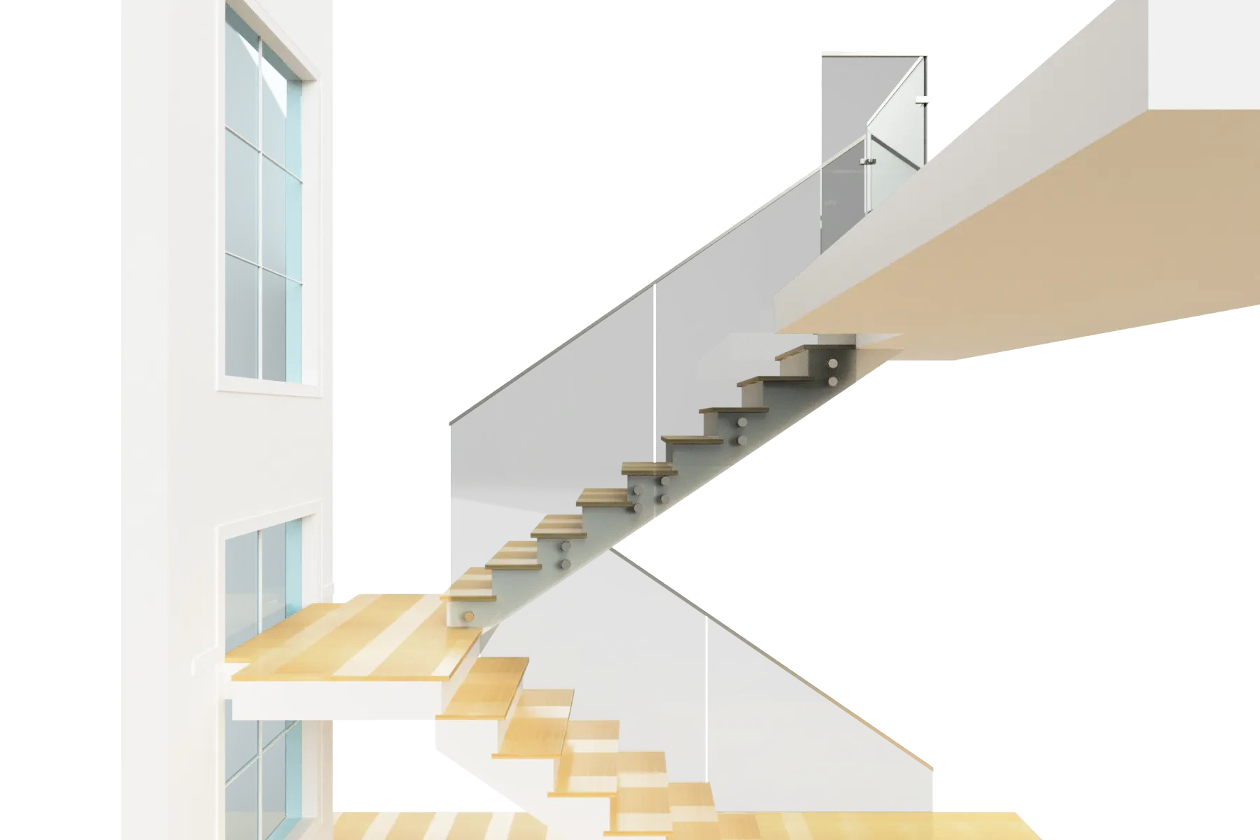 Staircase featuring sleek glass panels and wood steps, enhancing modern interior aesthetics.