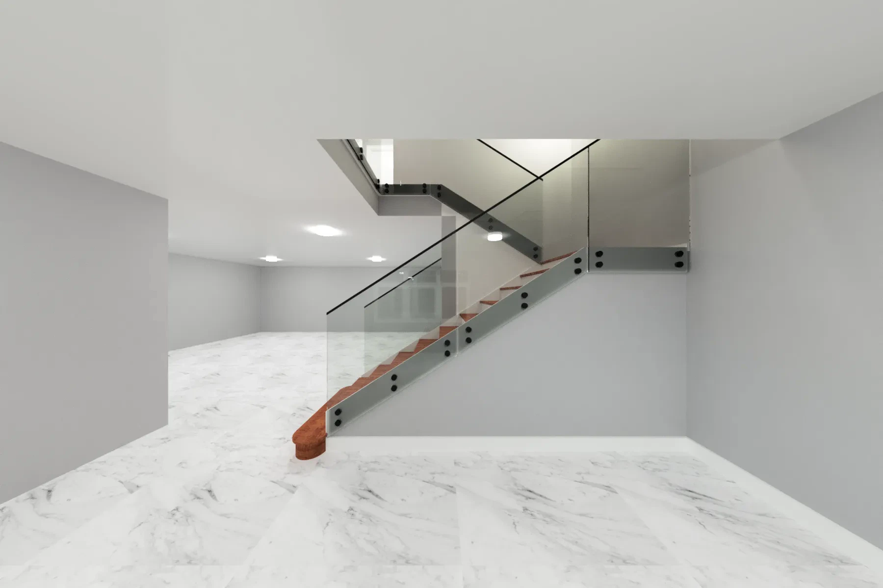 Spacious interior featuring a sleek glass staircase with minimalist design and marble floor.