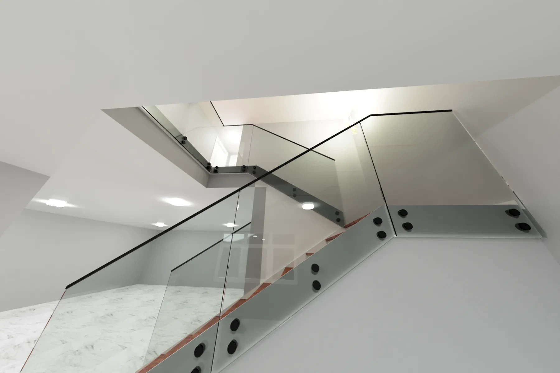 Stainless steel and glass staircase with clear glass panels and black handrails, stylish and modern.