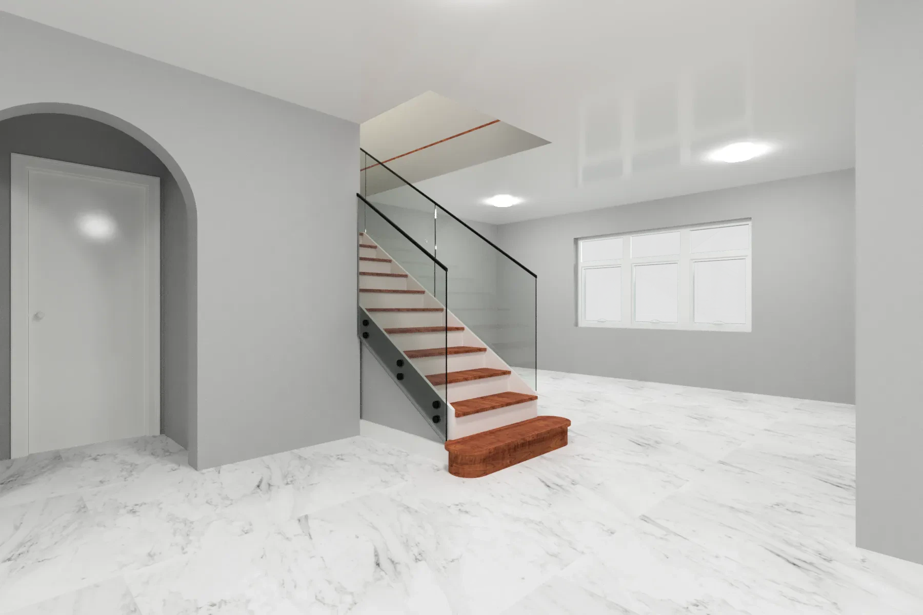 Elegant interior with glass railing staircase and large window for natural light.