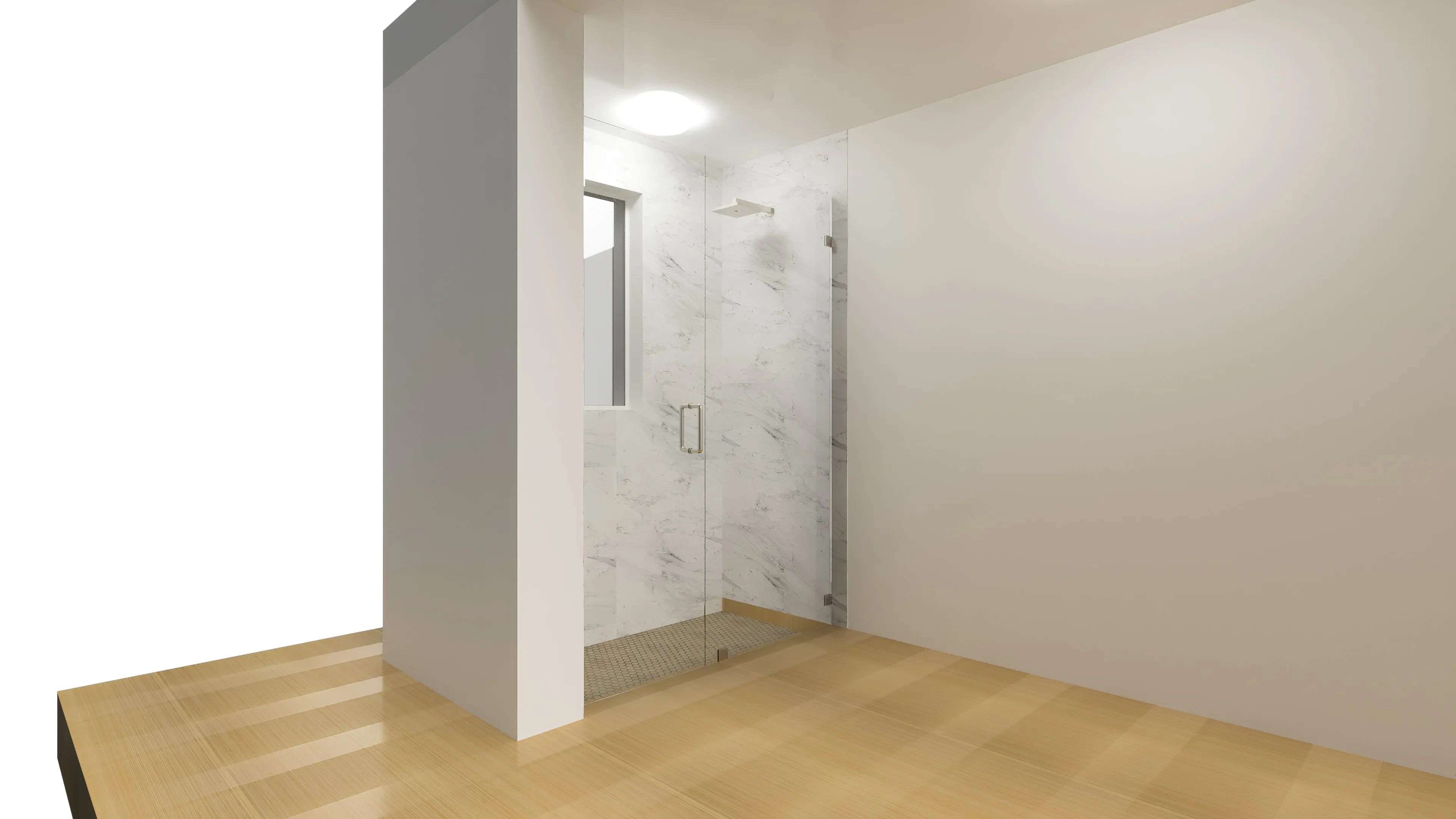 Clear glass shower enclosure with marble walls and modern hardware, stylish bathroom design.