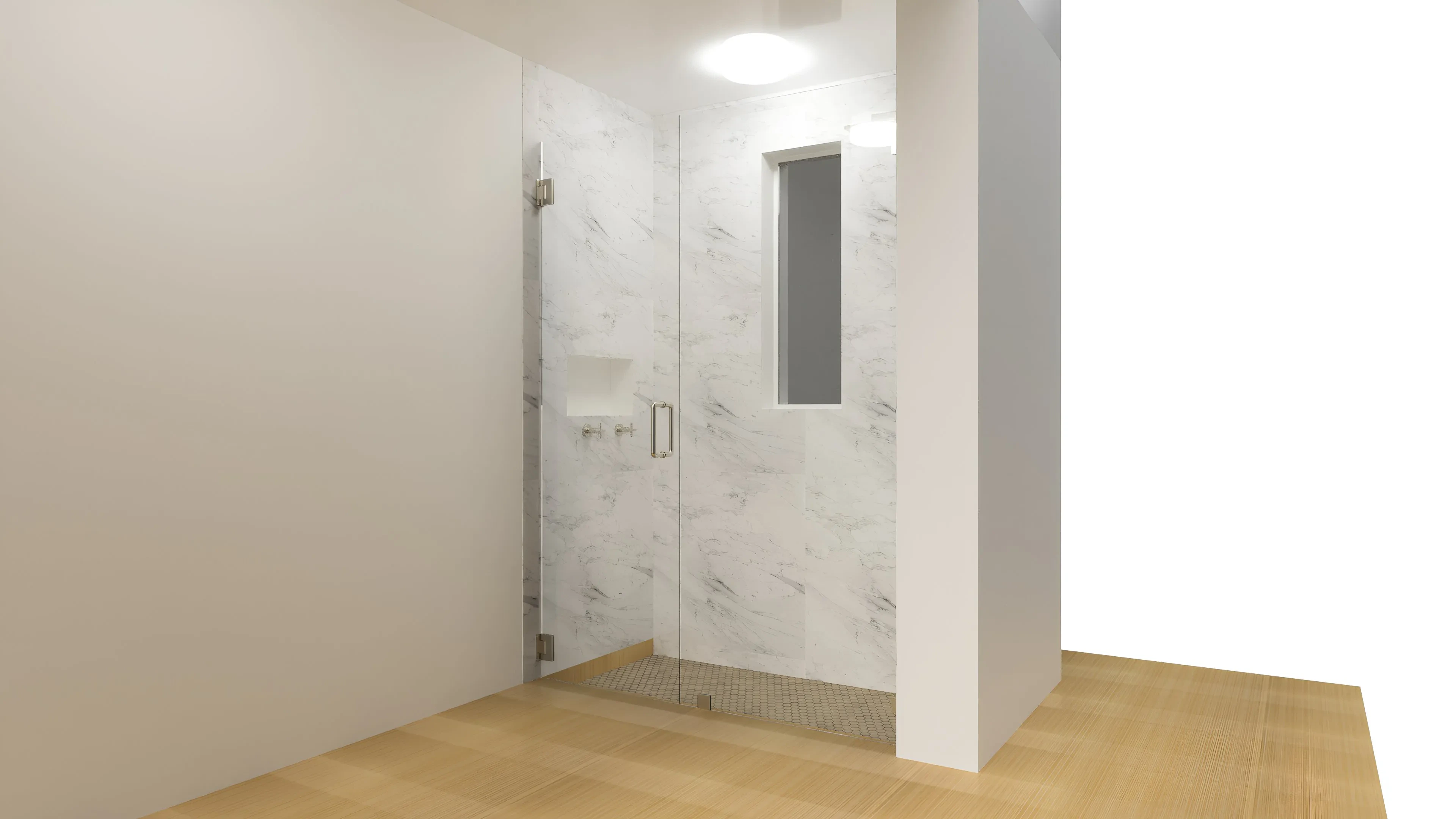 High-quality glass shower door with chrome handle, marble walls, and natural light window.