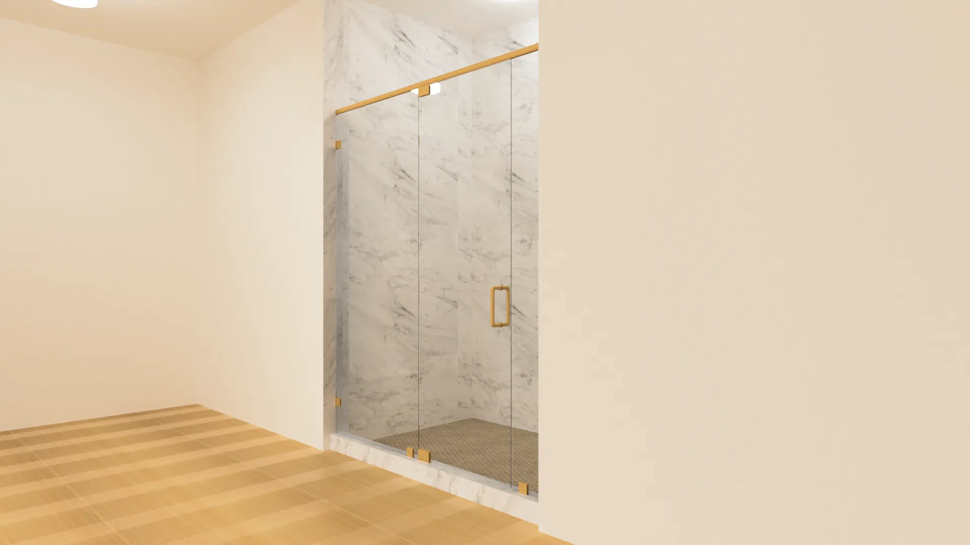 High-quality frameless glass shower door with gold accents for modern bathrooms.