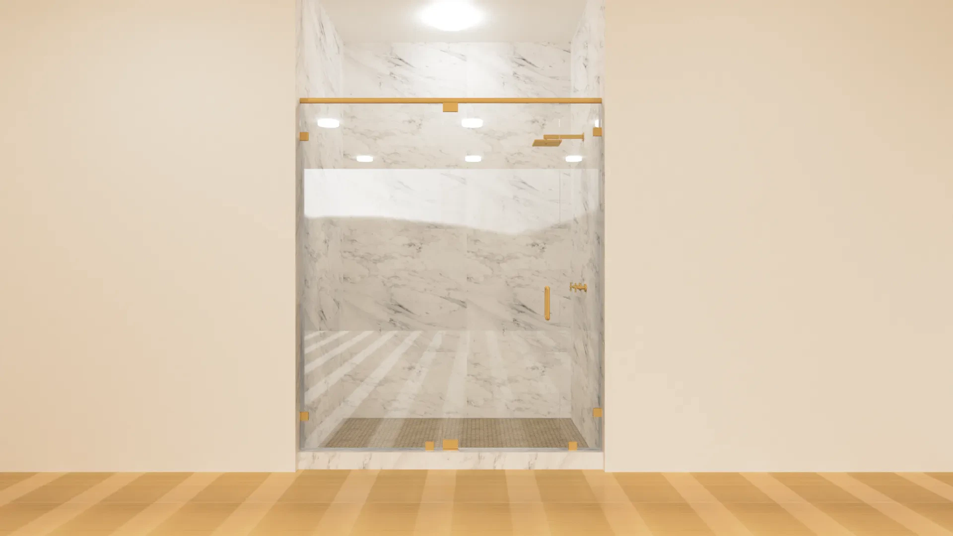 Elegant marble glass shower with gold accents, modern design and premium quality.