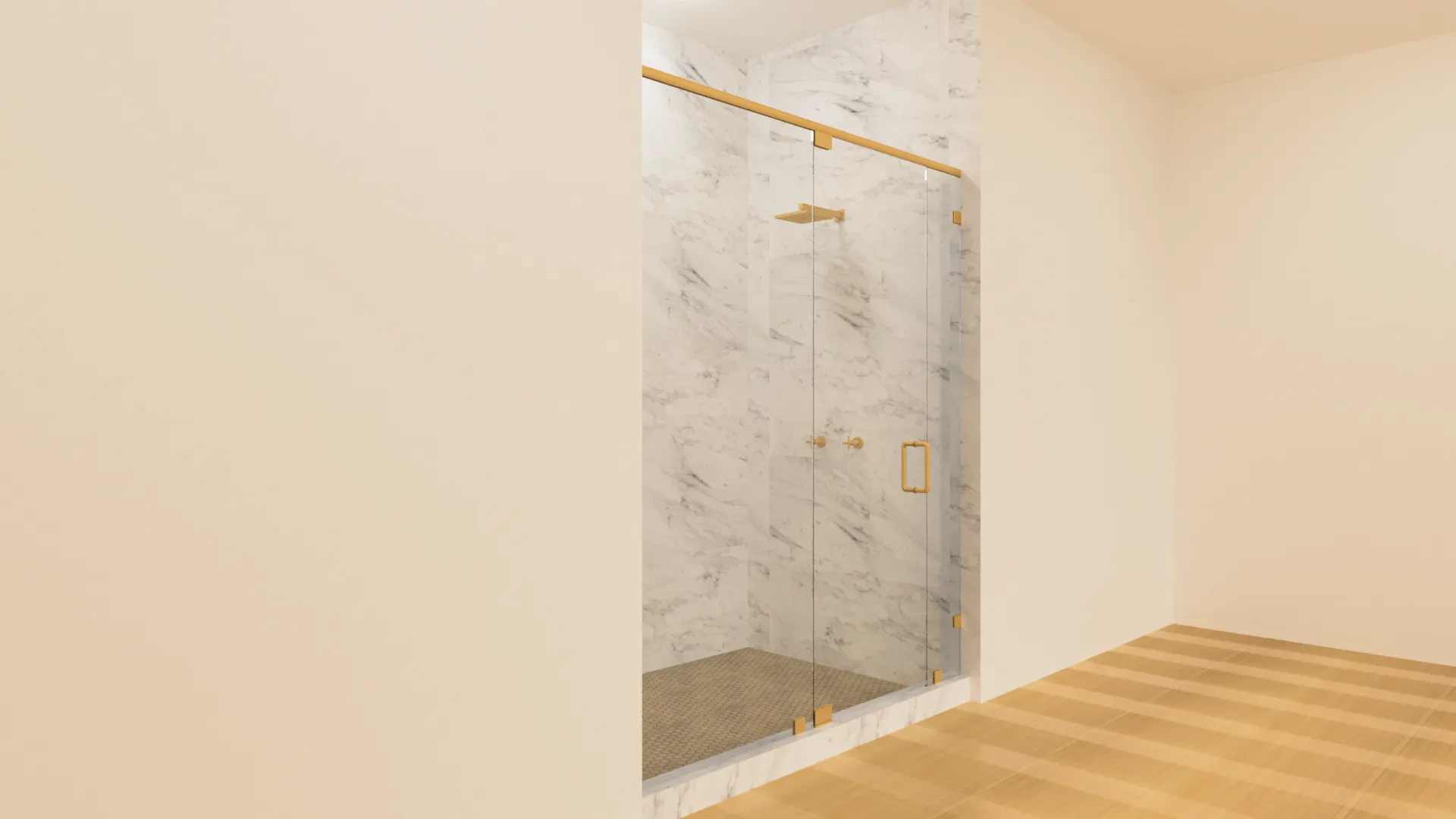 Glass shower door with gold hardware and marble walls.