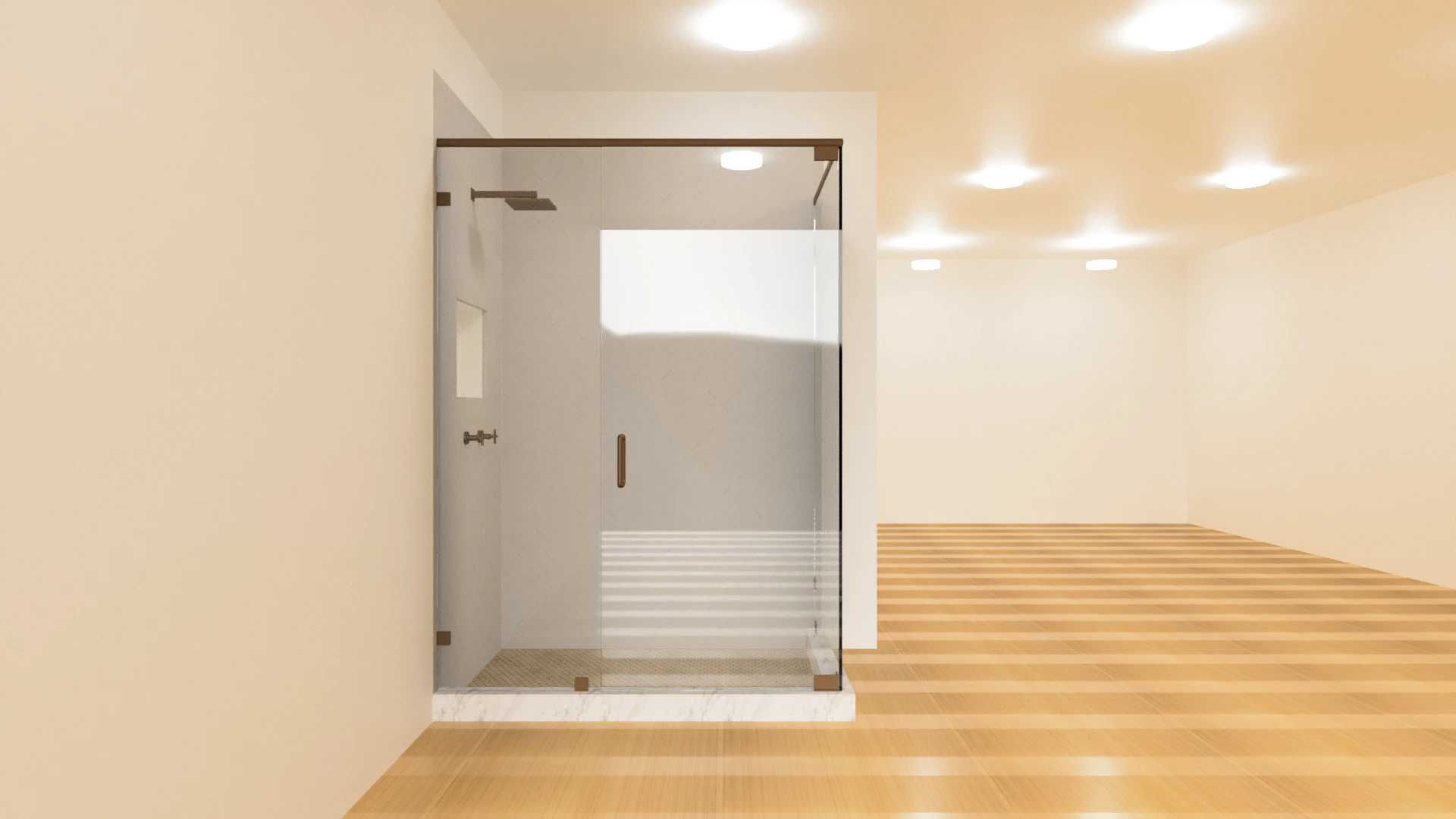 Beautiful glass shower with sleek frameless design and easy-access door.