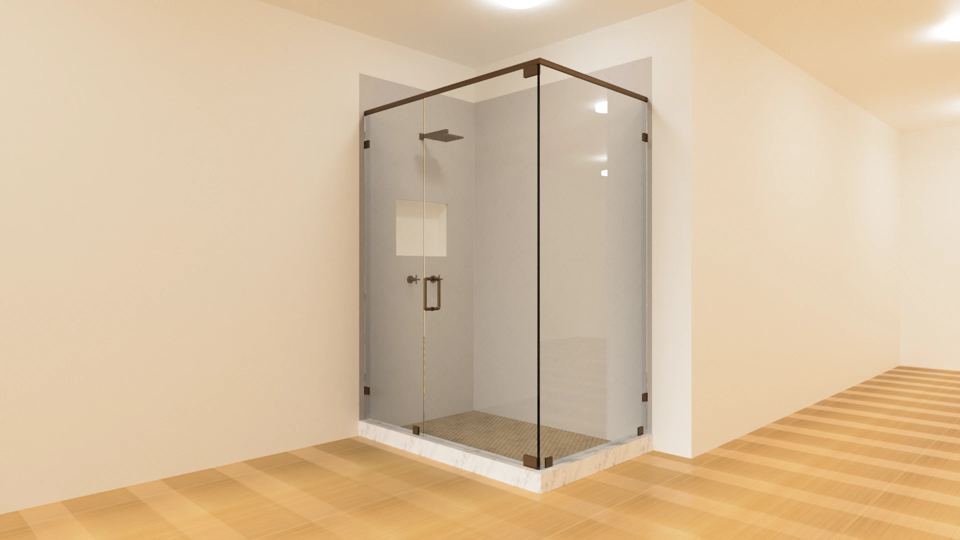 High-quality glass shower door with sleek metal hardware and minimalist design.