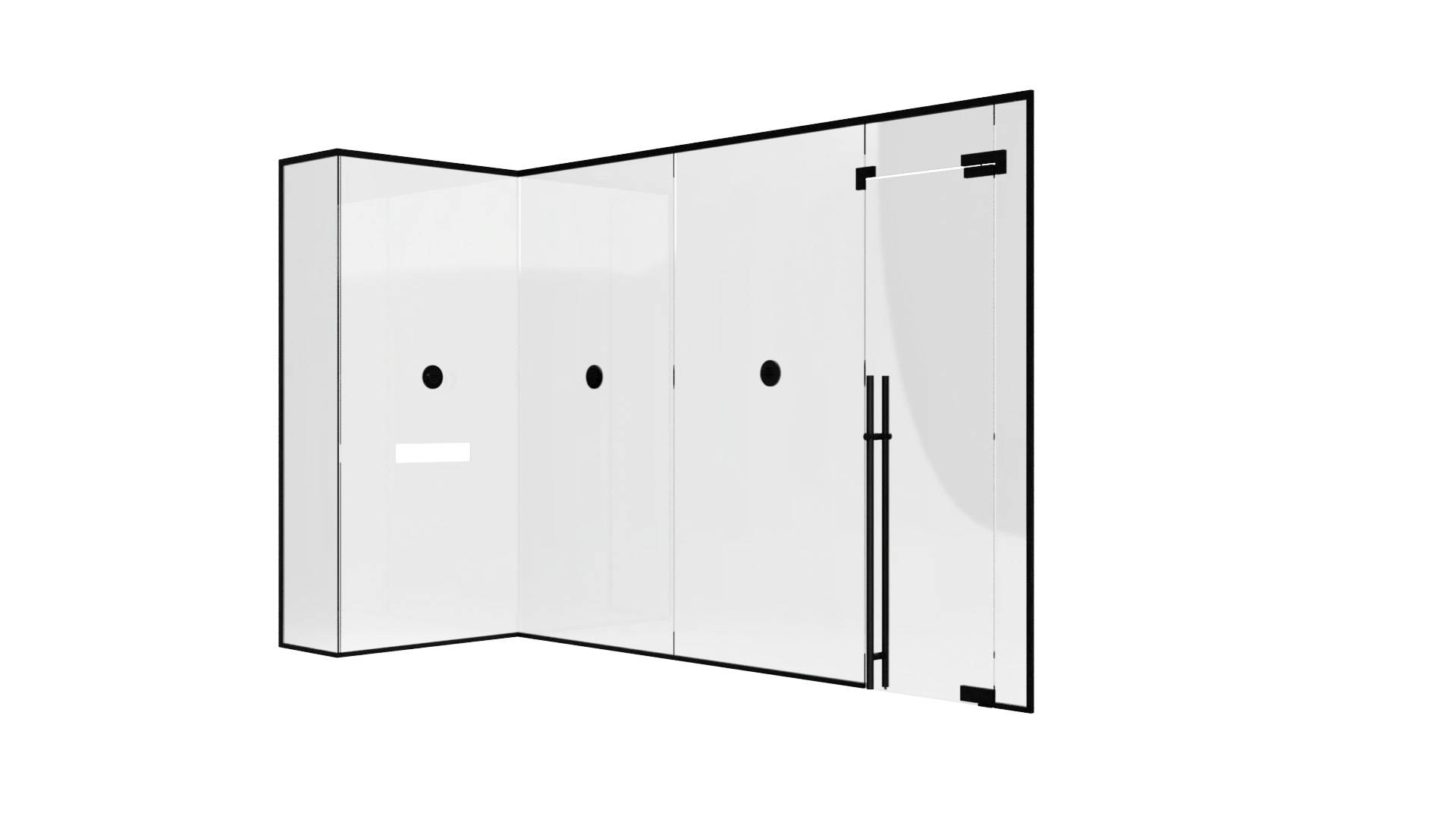 High-quality glass shower door with black hardware, modern design, bathroom renovation, durable construction.