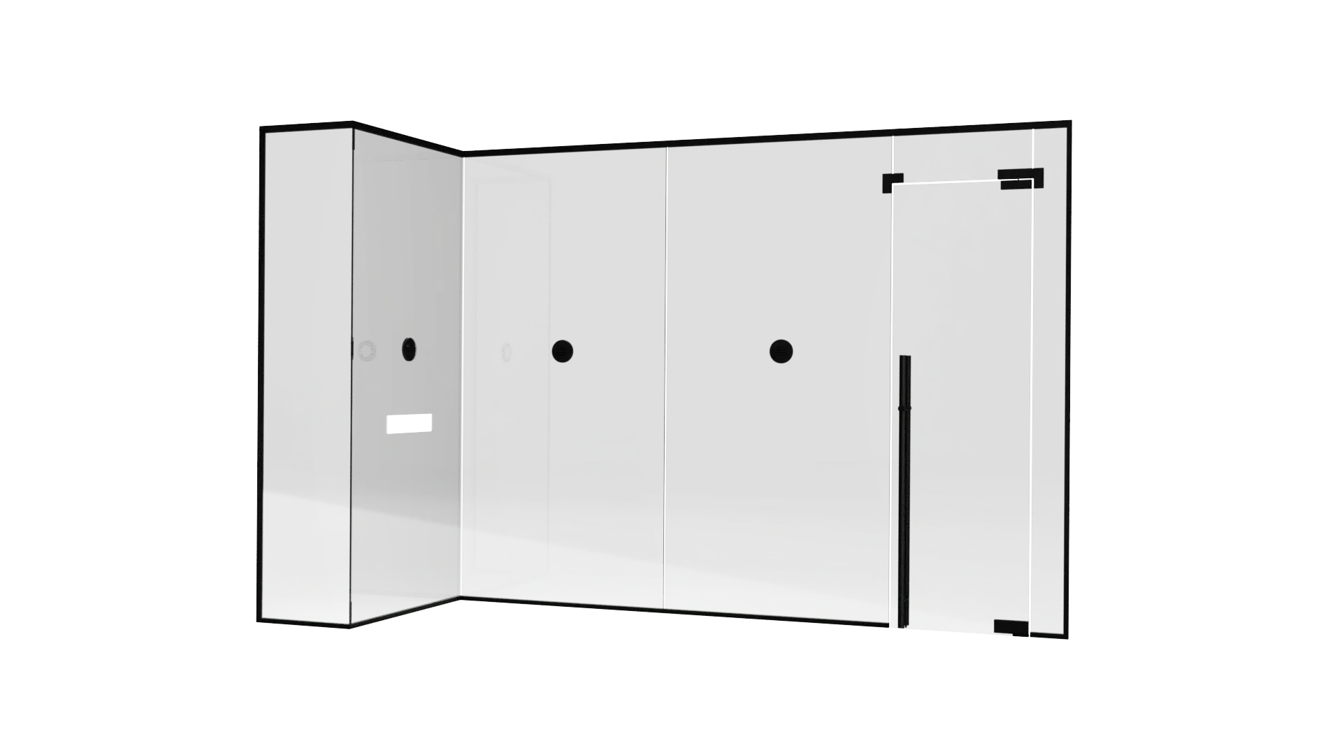 Elegant black-framed glass mirror and shower door enhance contemporary bathroom design.