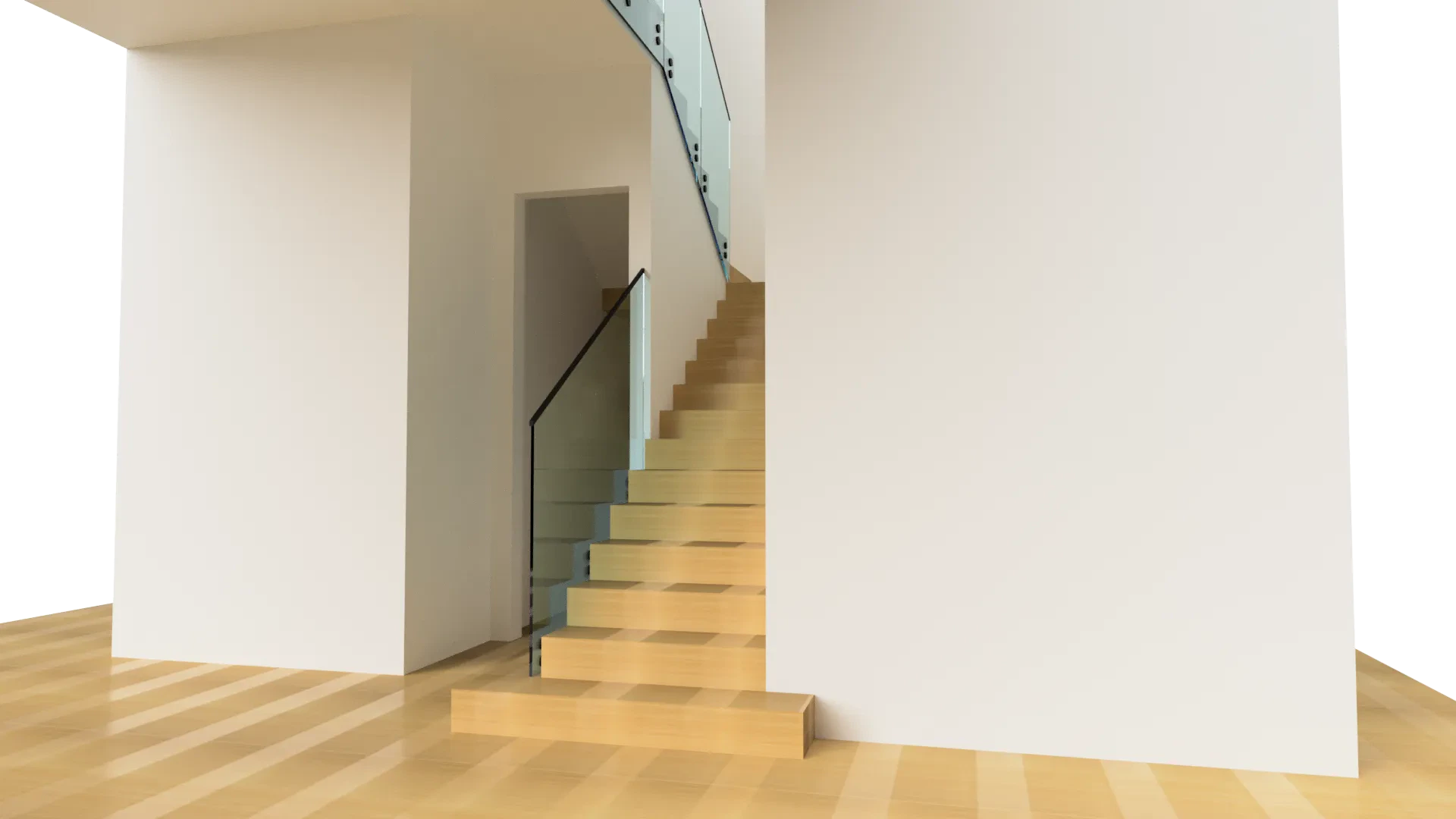 Modern glass staircase with sleek handrail in stylish home interior.