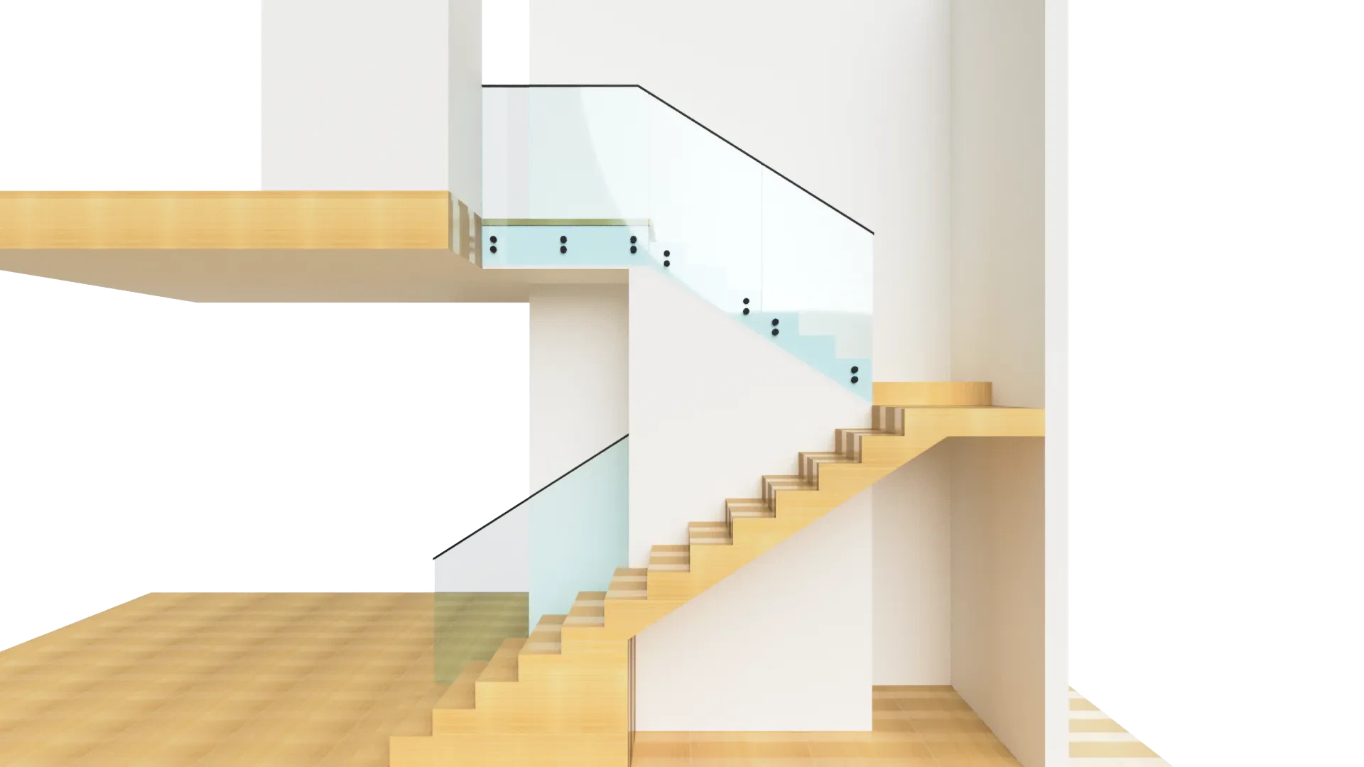 High-quality glass staircase featuring sleek glass balustrades and natural wood stairs.