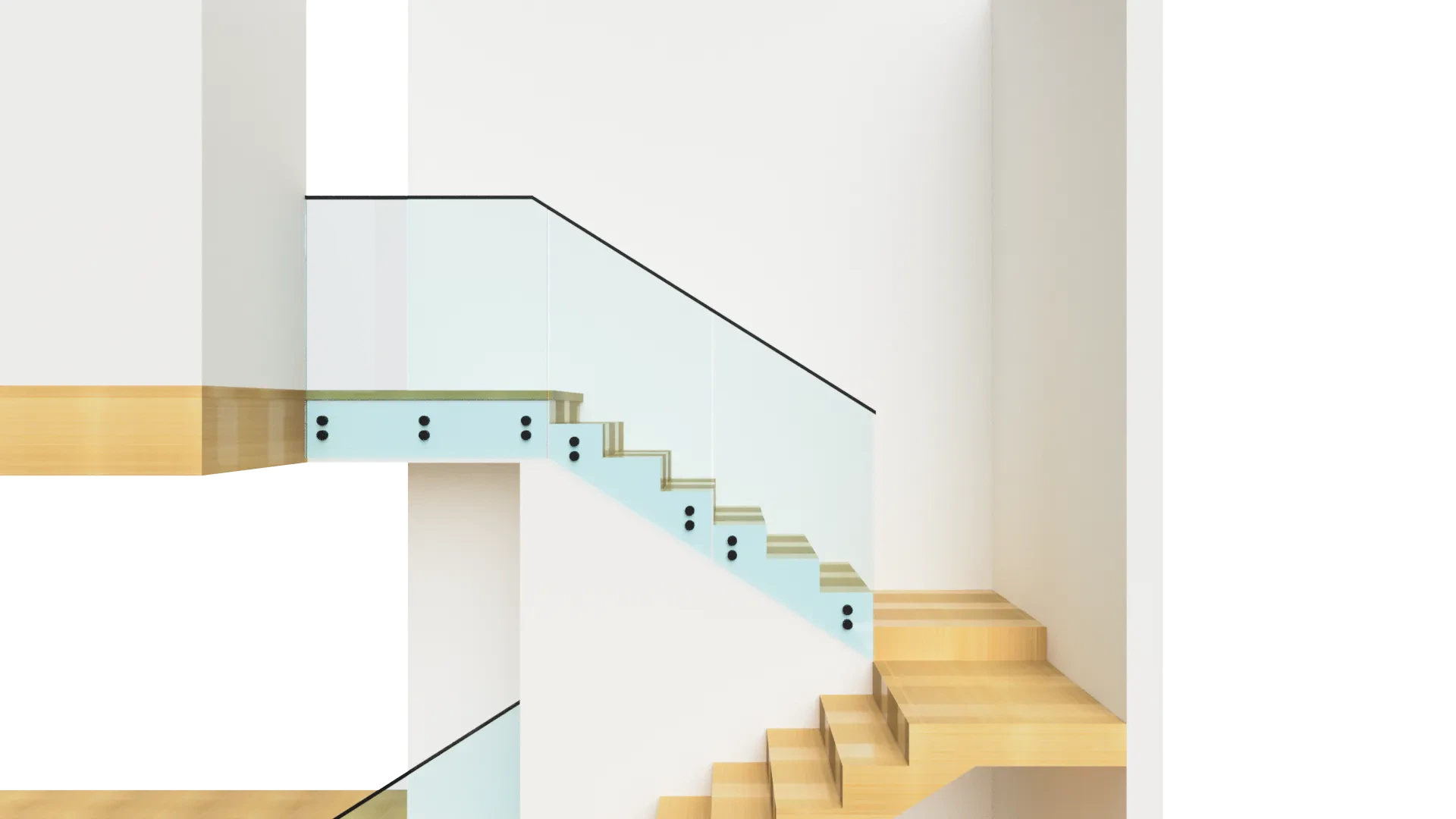 Stylish glass staircase featuring a sleek glass railing, wooden steps, and minimalist design in modern home decor.