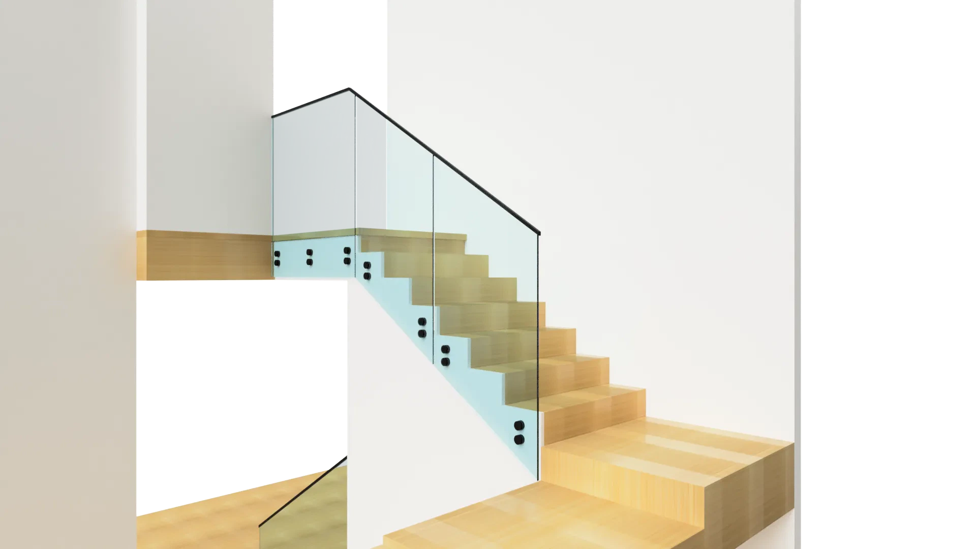 Modern glass staircase with wooden steps and transparent glass balustrade in contemporary home.