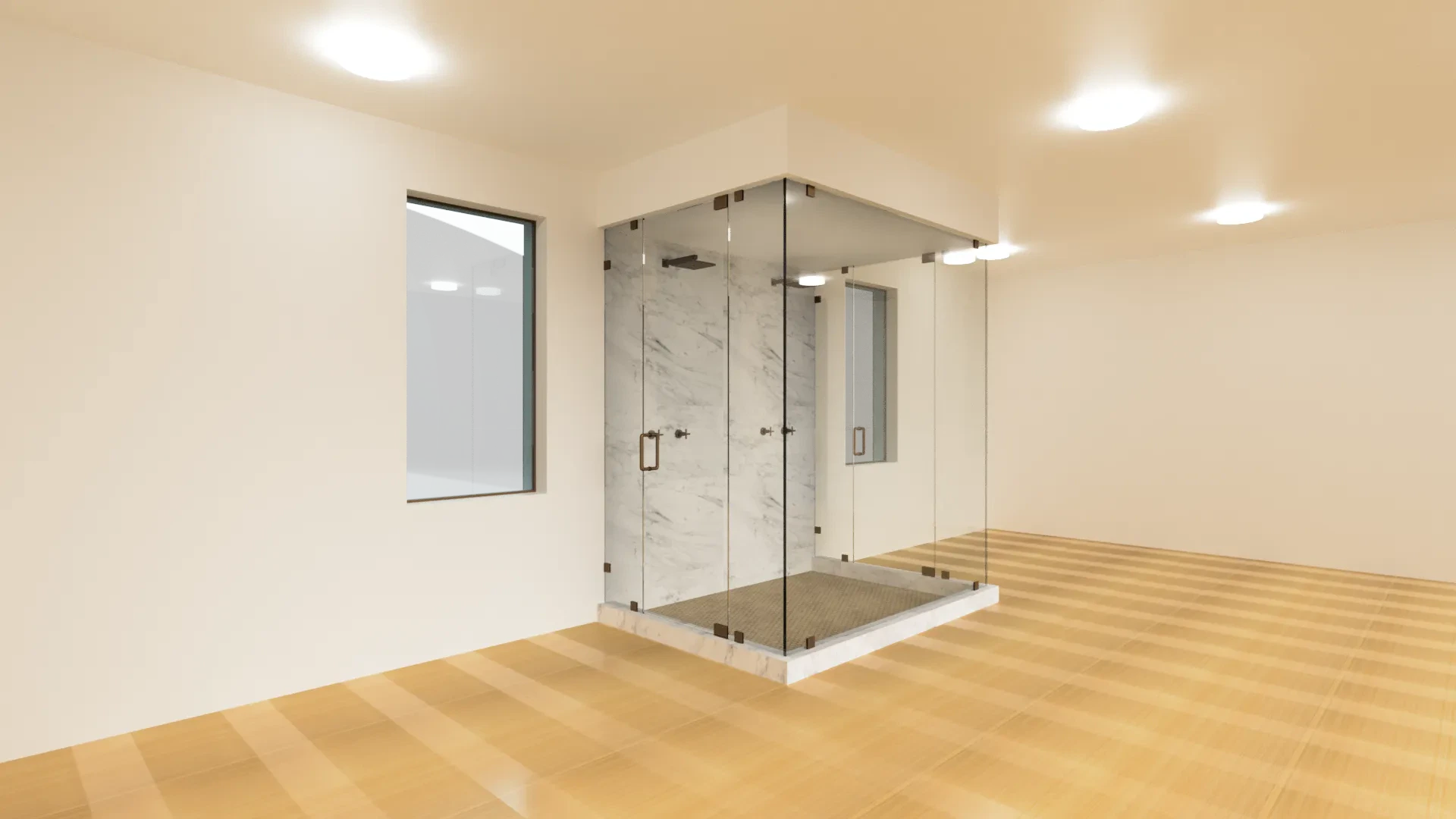 High-quality glass shower with marble walls, modern door handles, and minimalistic design.