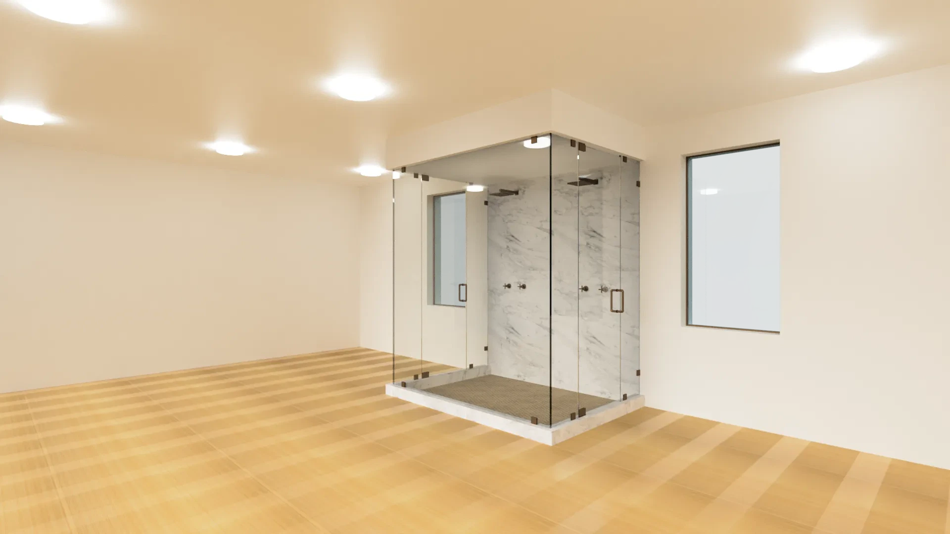 Beautiful glass shower with marble accent wall and sleek handles, perfect for modern bathroom design.