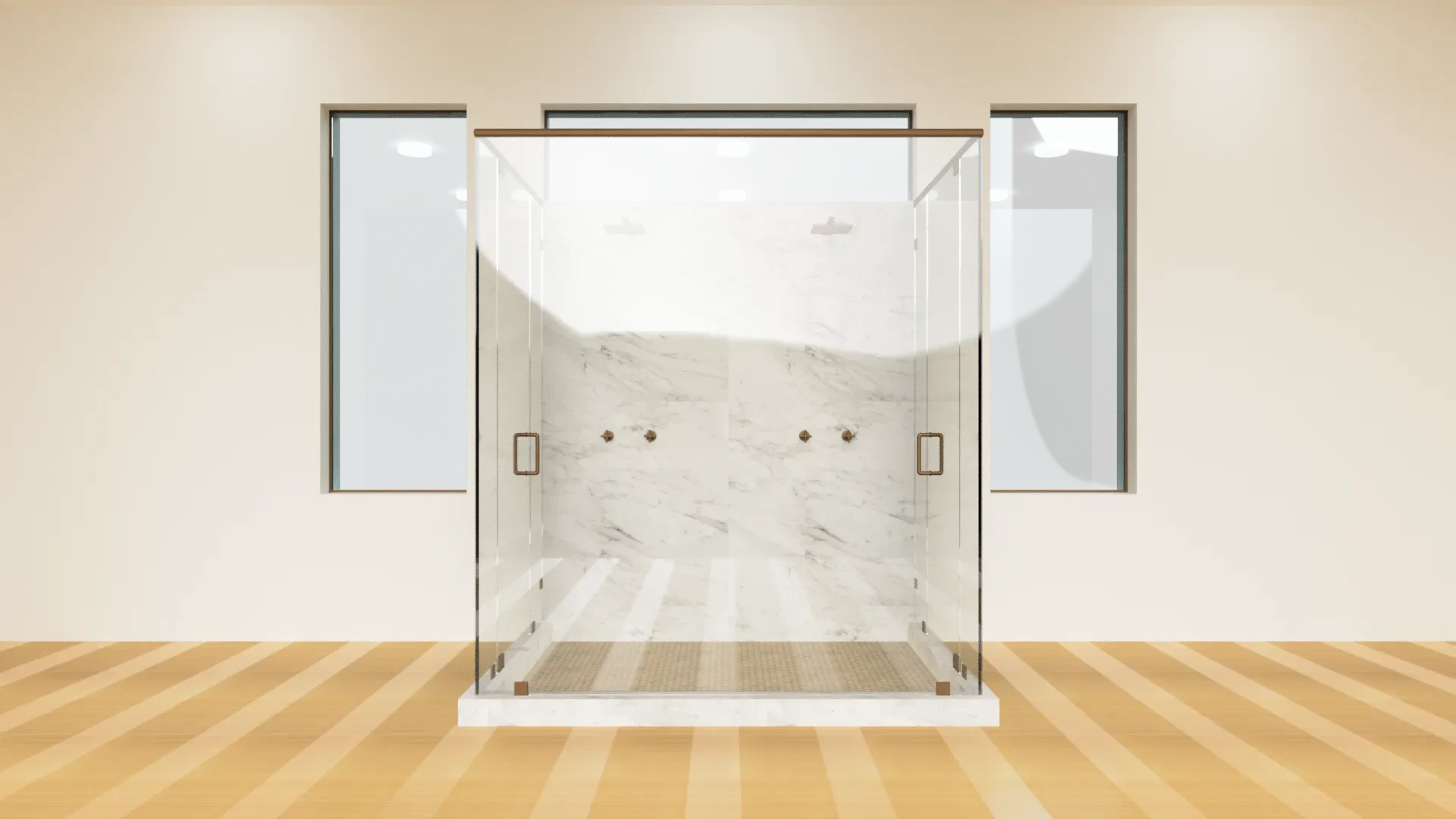 High-quality clear glass shower with marble wall, sleek handles, and stylish design.