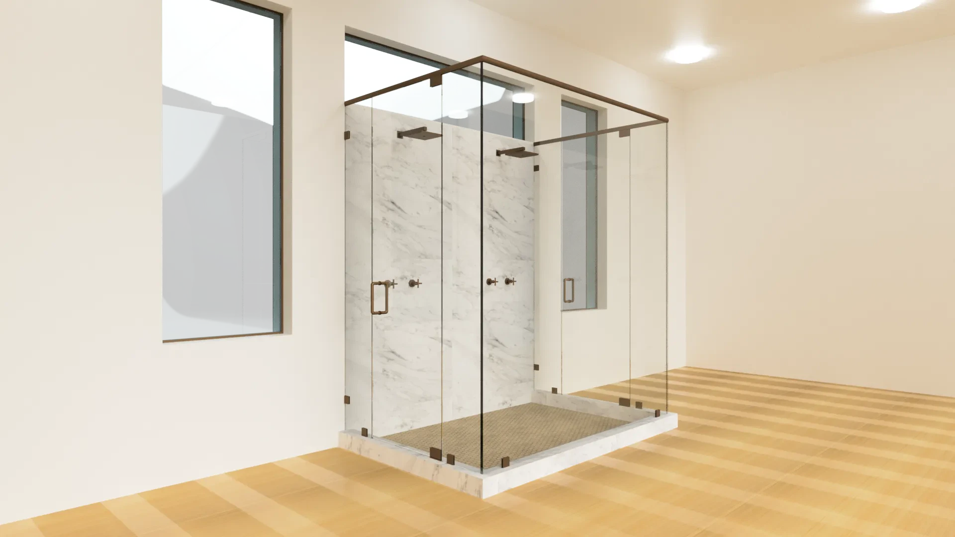 High-quality glass shower door with marble wall, brass handles, and minimalist design.