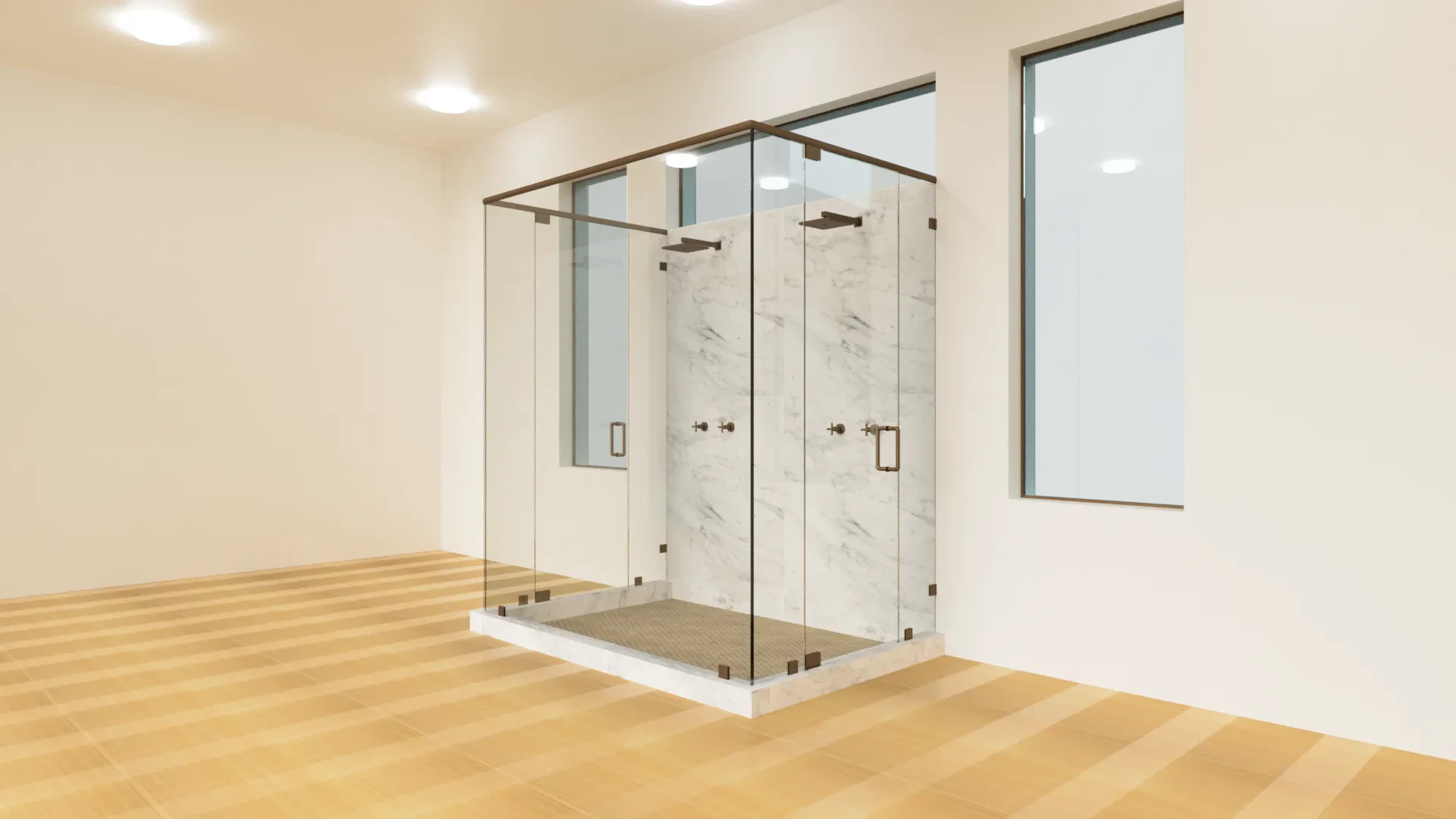 Glass shower door with metal handle, marble walls, and wood flooring in a contemporary bathroom.