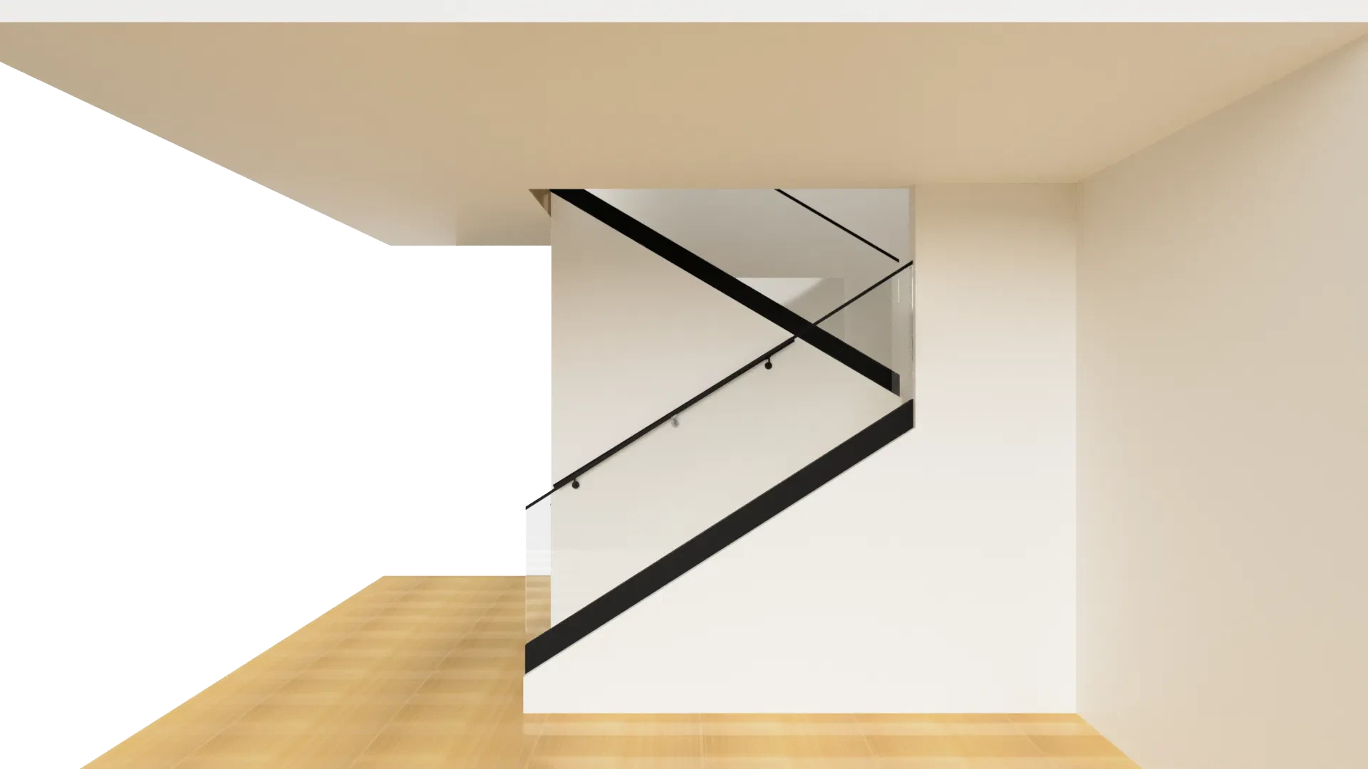 Modern glass staircase with sleek black handrails and clear glass panels in a minimalistic interior.