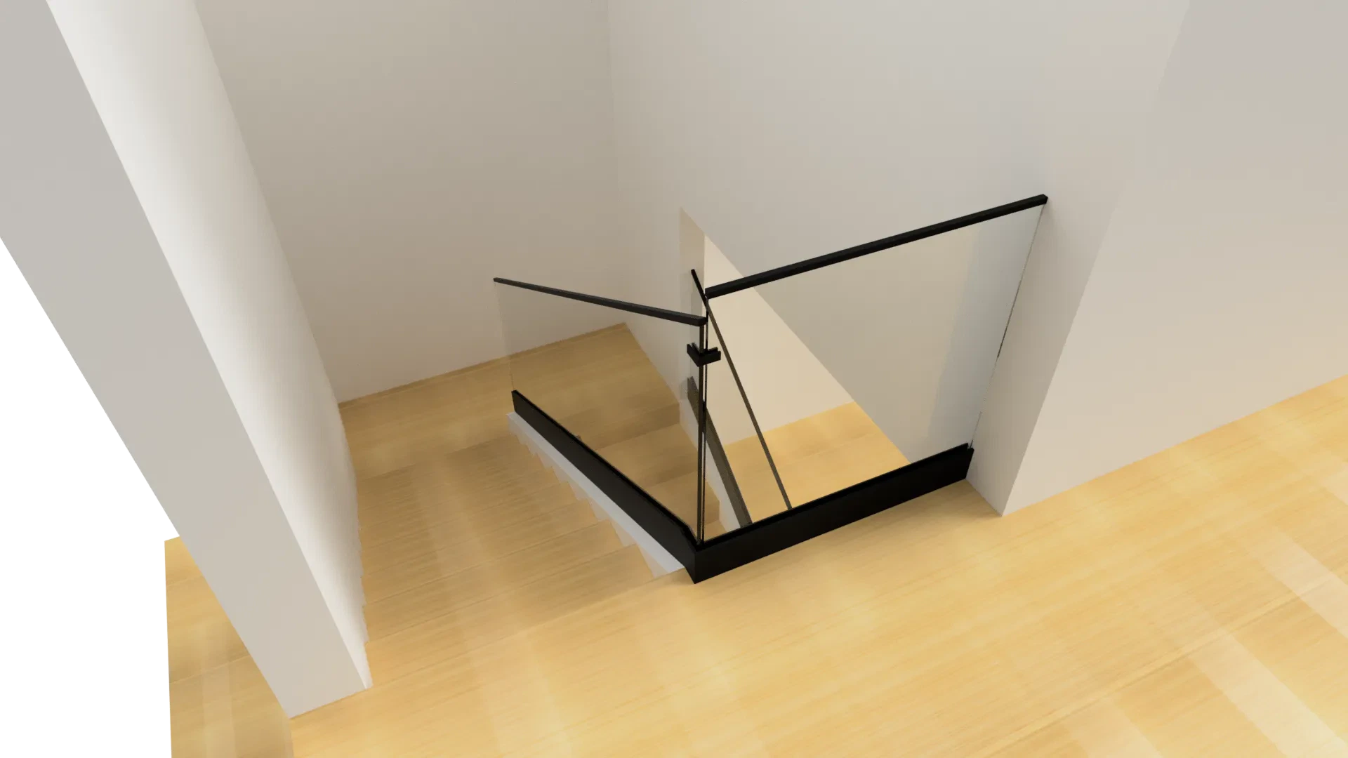 Alt text: Modern glass staircase railing with black metal frame in minimalist interior.
