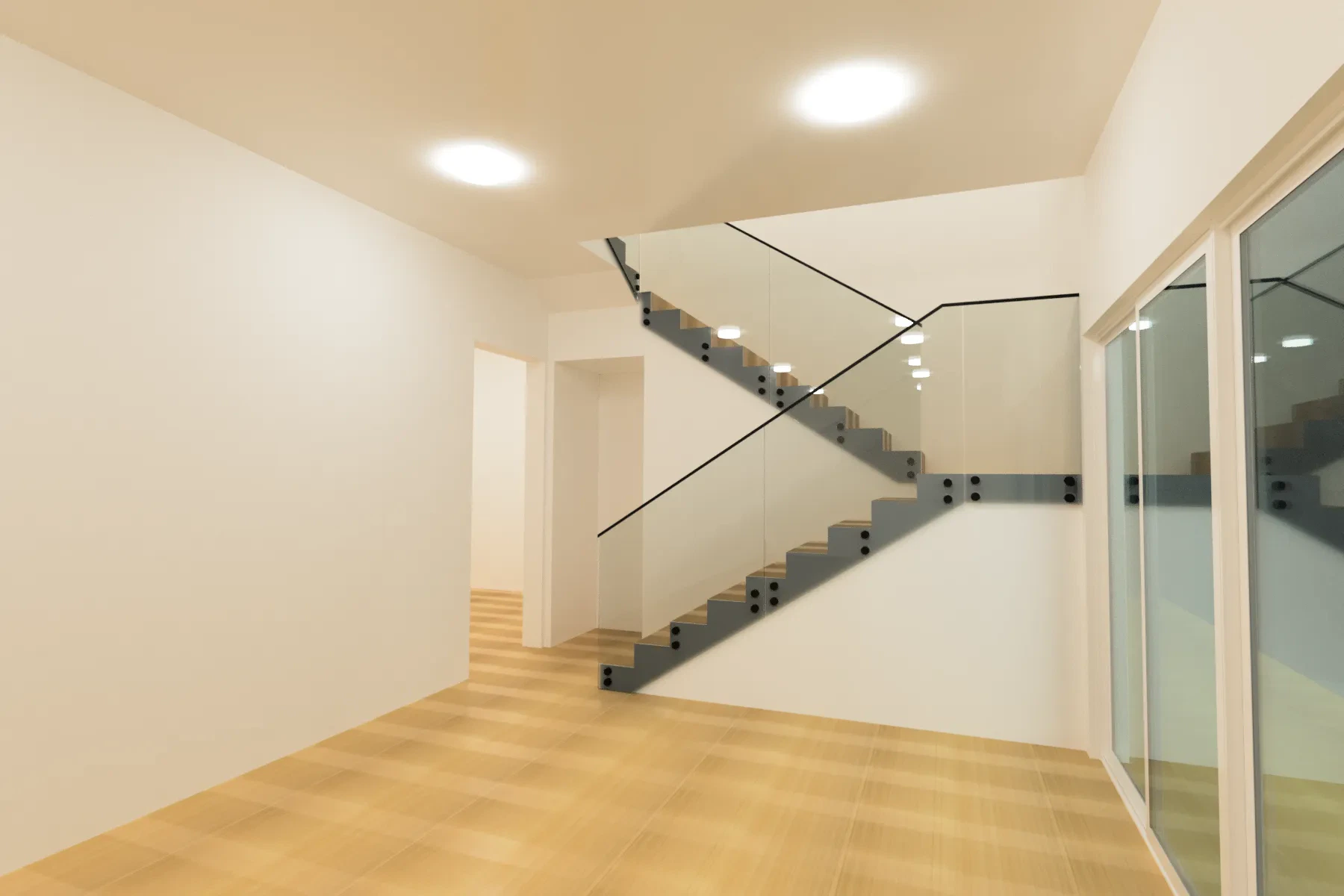 Contemporary glass and mirror staircase with clean lines, perfect for stylish interiors.