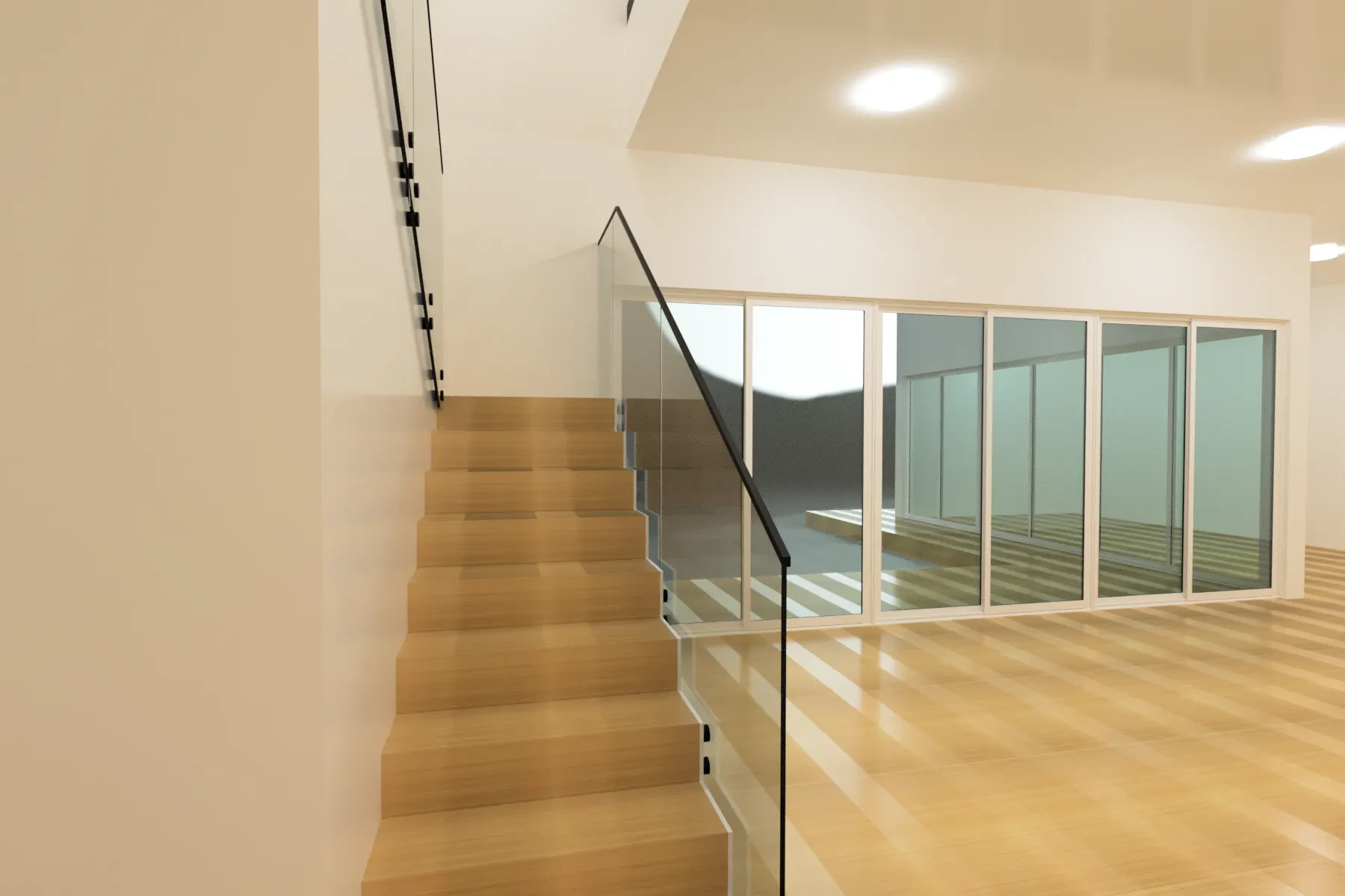 Elegant glass railing and staircase in stylish, modern home interior for upscale decor.