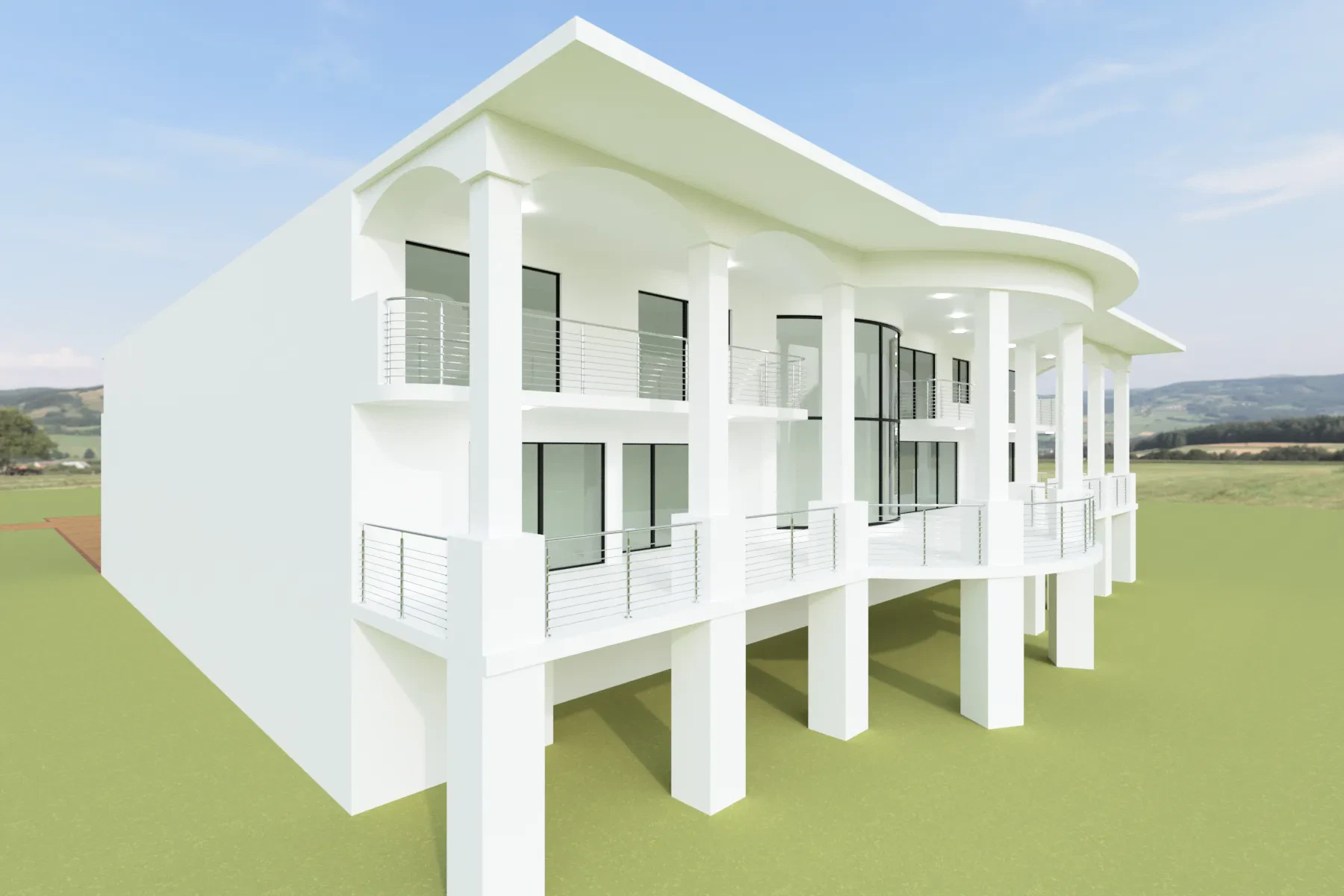 Modern white building with large glass windows and balconies, showcasing expert glass and mirror installation.