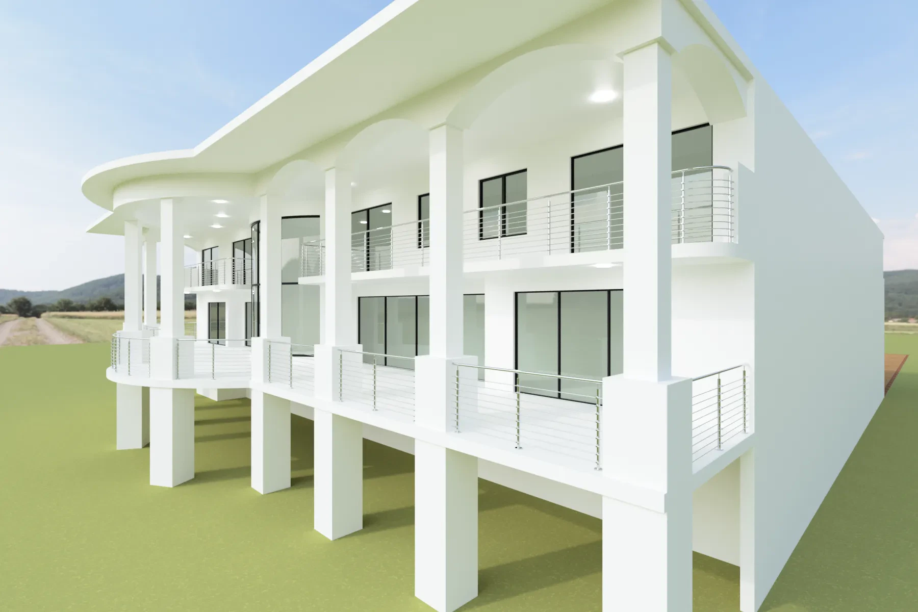 Stunning white building with sleek glass balcony railings and large mirrors for a contemporary look.