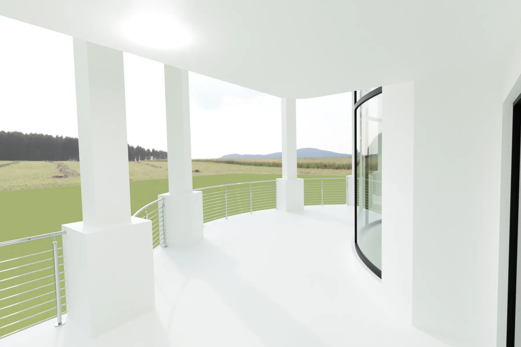 Bright balcony with glass railing overlooking green fields and mountains, modern design for outdoor living.