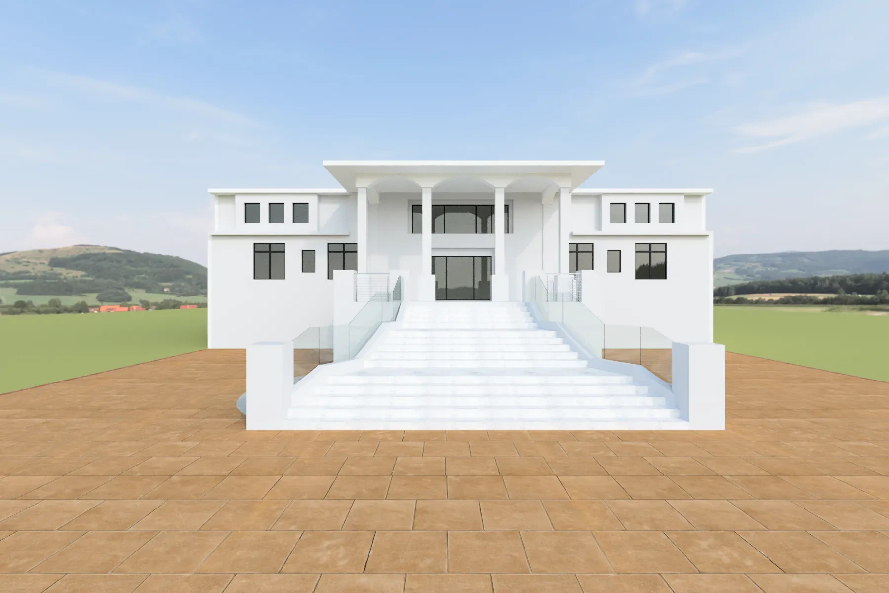 Modern white house with large glass windows and staircase, scenic countryside background.