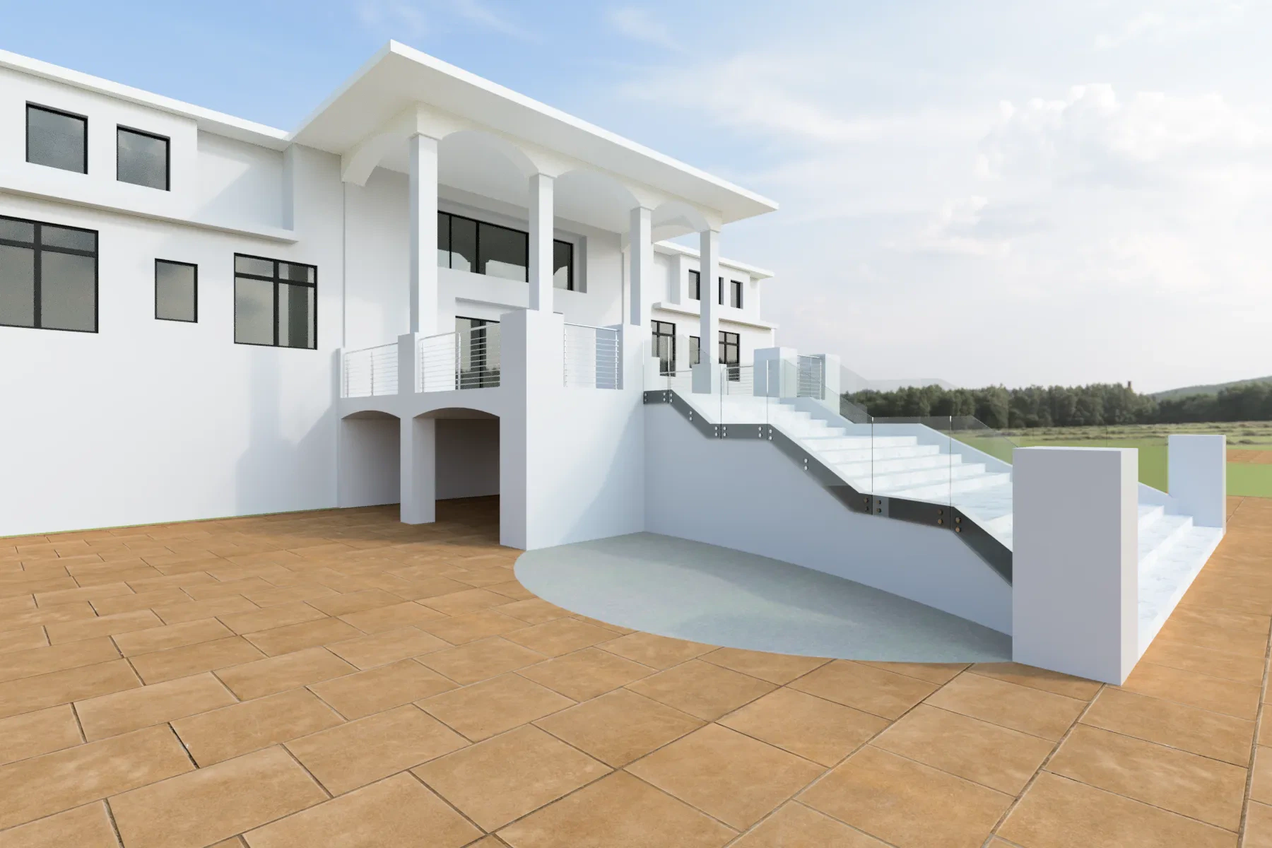 Bright white glass railing on outdoor staircase with safety glass panels and metal supports.