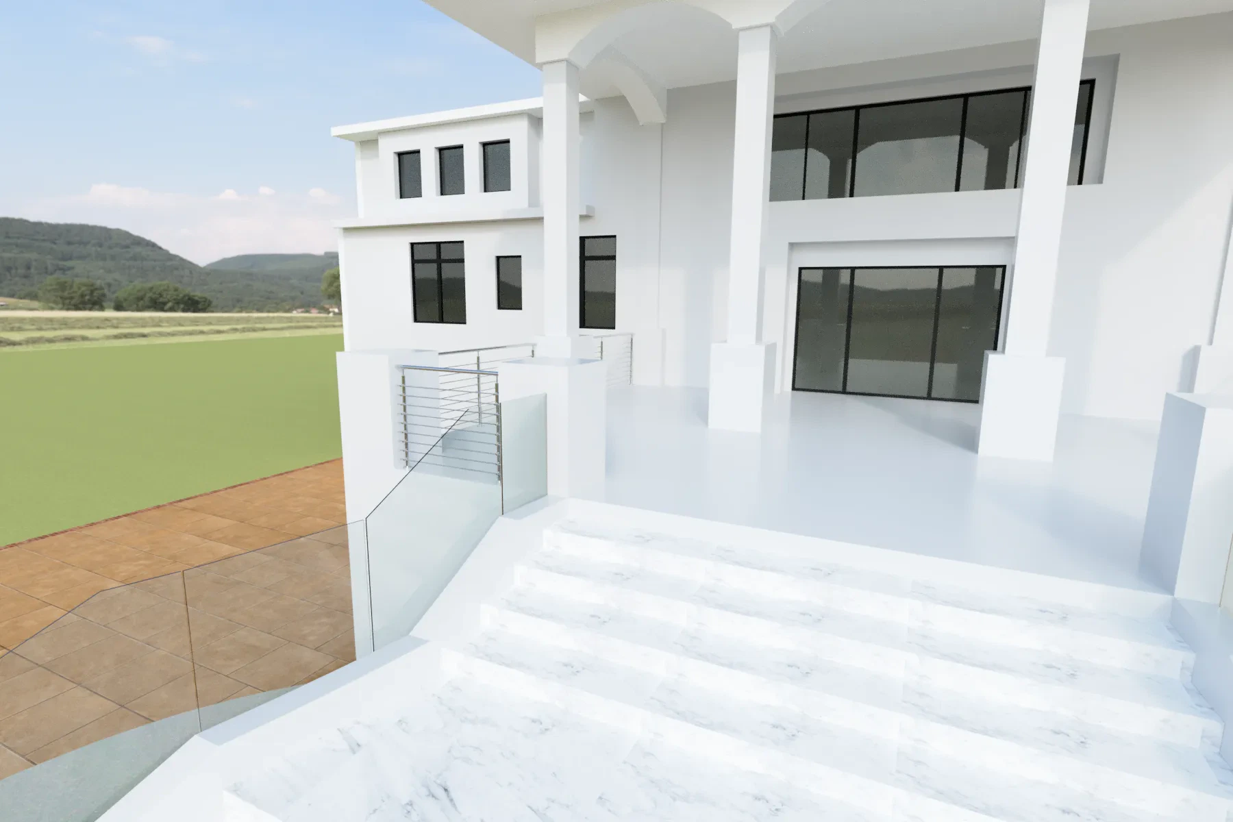 Luxurious modern house exterior with glass doors, balcony, and elegant mirror accents.