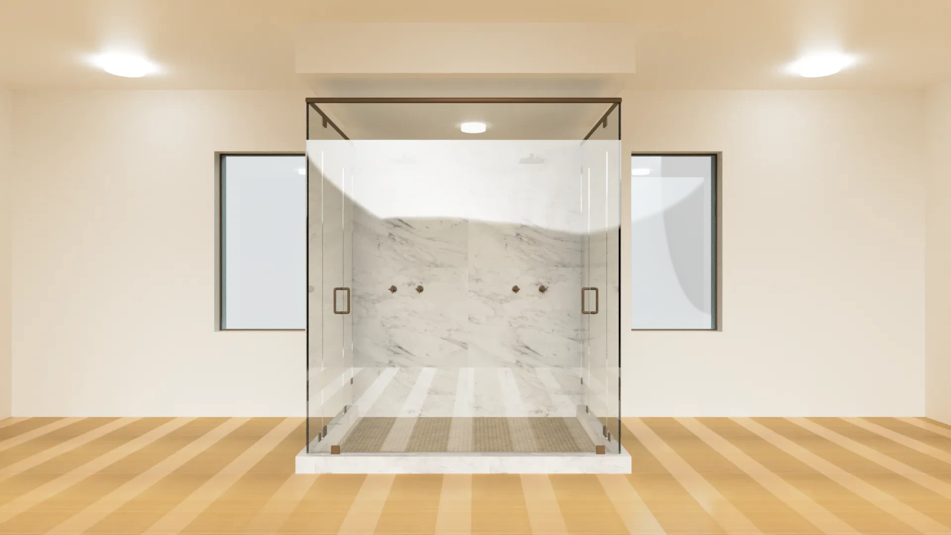 High-quality glass shower with marble interior and sleek design features.