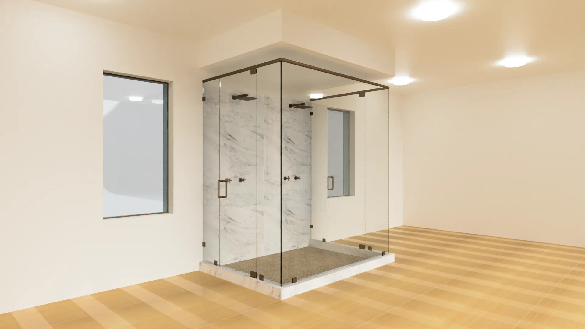 Clear glass shower door with marble walls and brass handles in contemporary bathroom design.