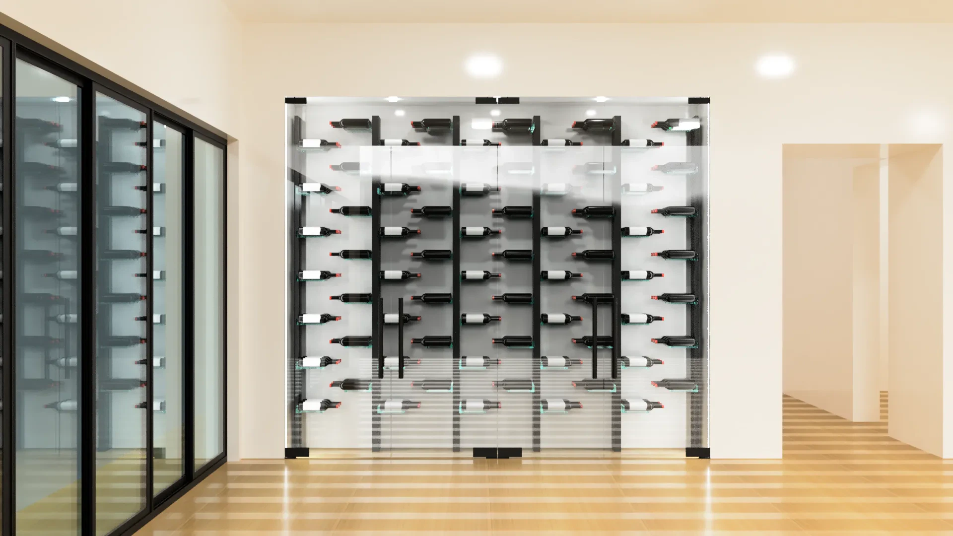 Stylish wine cellar featuring sleek glass doors and contemporary wine storage solutions.
