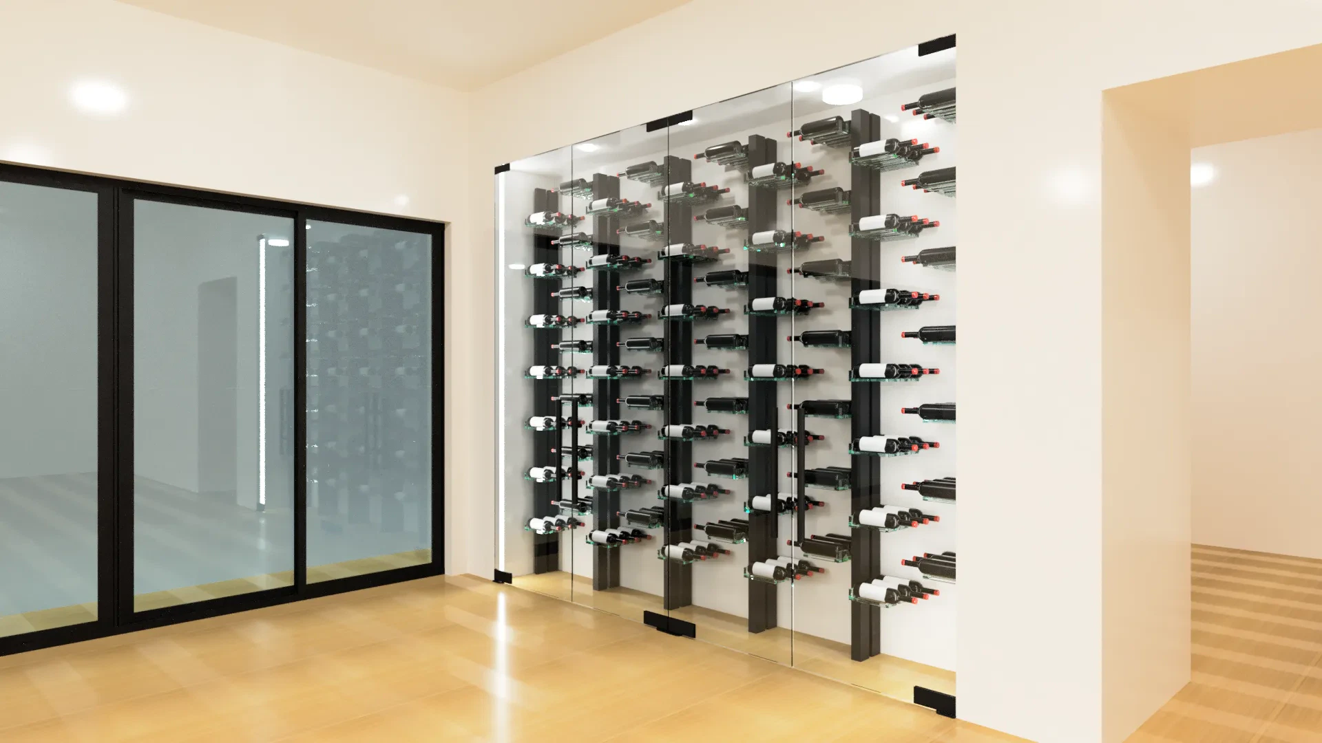 Custom glass wine cabinet with sleek black metal racks for bottles.