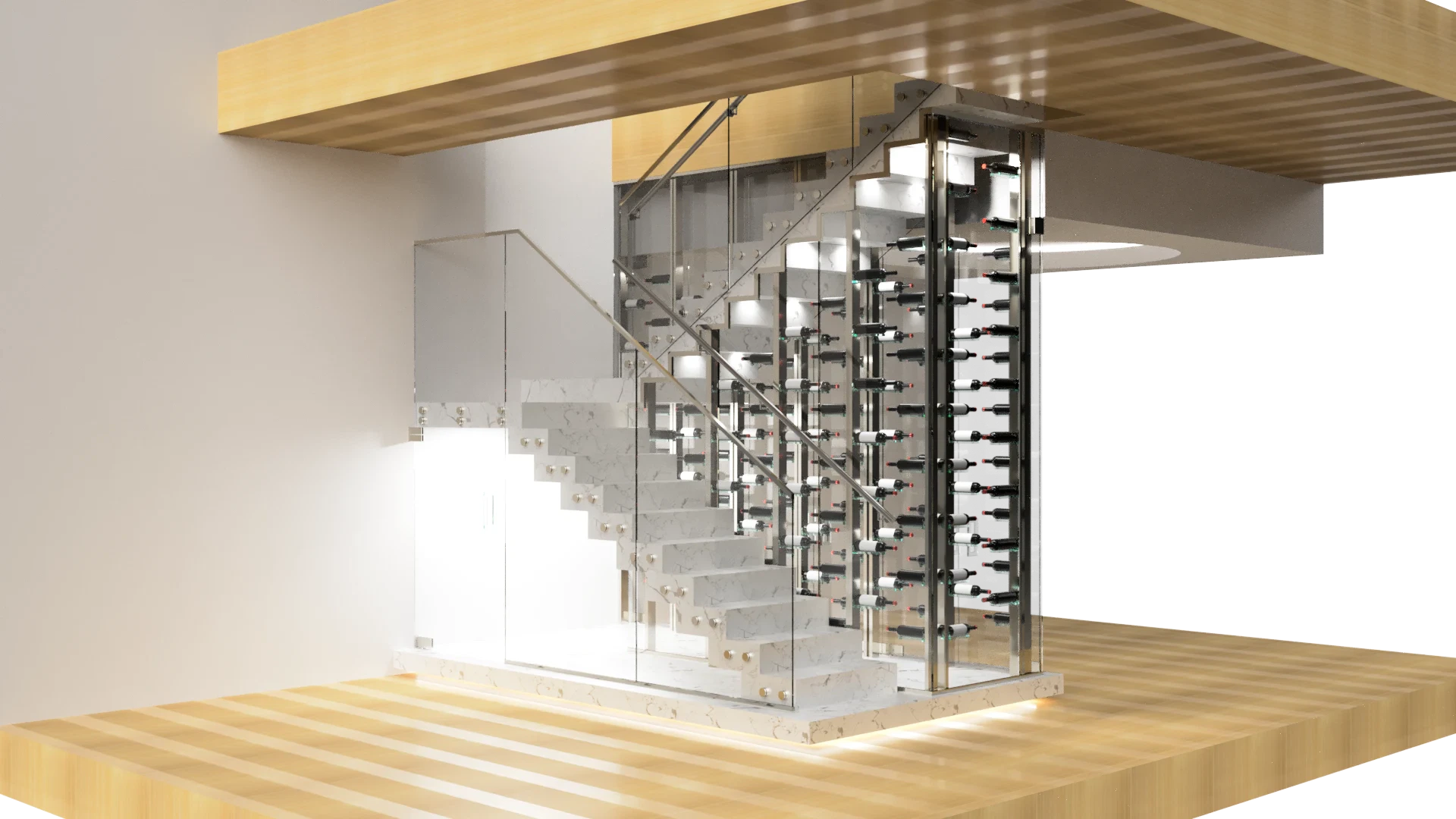 Bright, modern glass wine storage with sleek steel racks for elegant wine presentation.