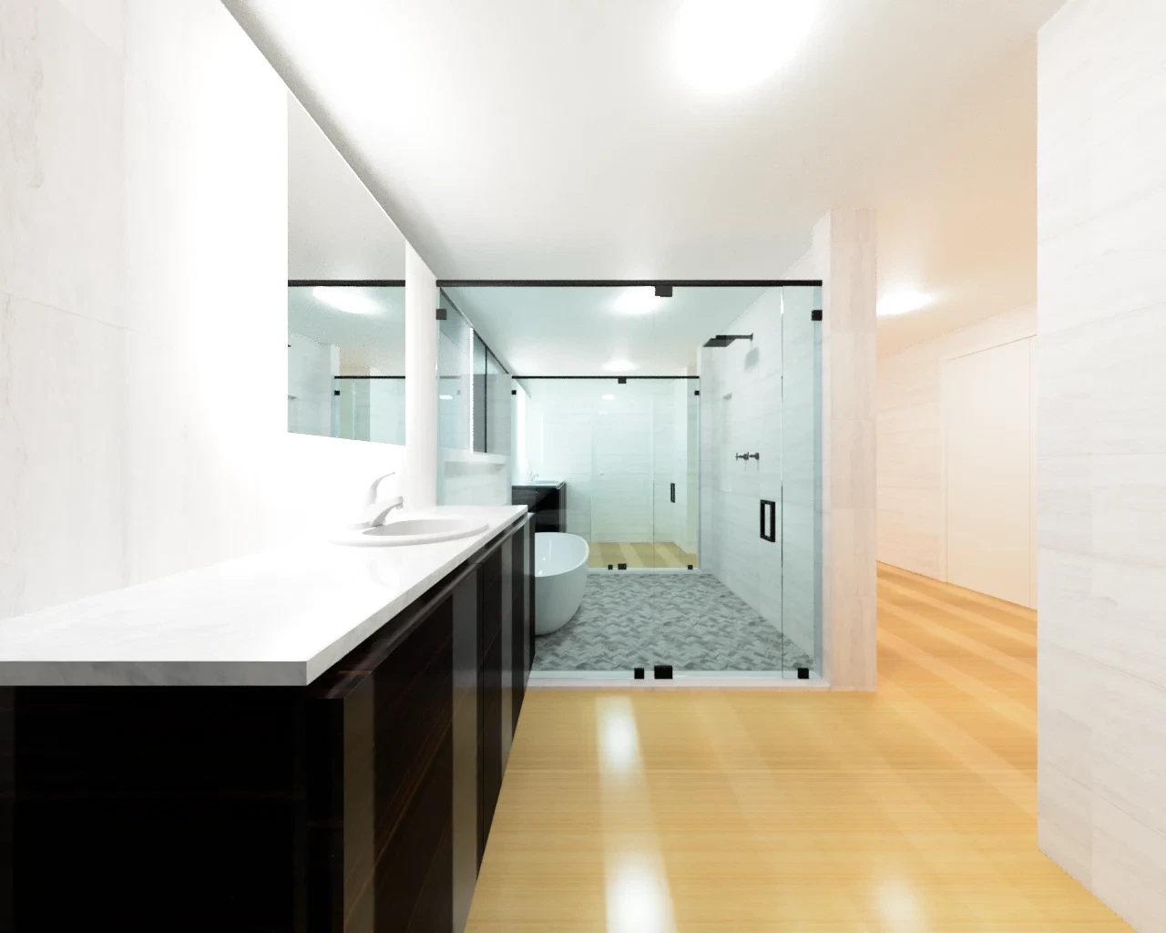 Modern bathroom glass shower with frameless design, sleek black hardware, and premium mirror finishes.