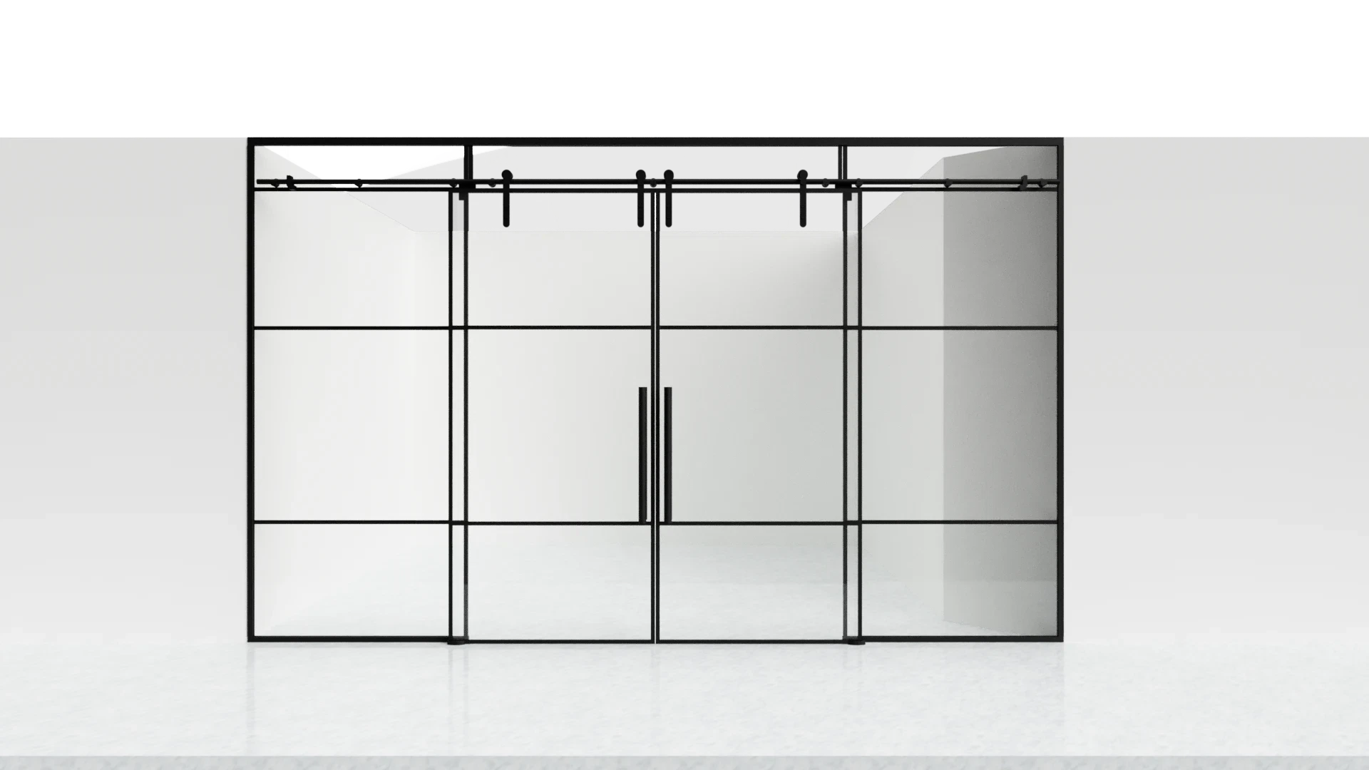 Modern black-framed glass mirror and door for stylish interior decor. Durable, elegant, perfect for homes or commercial spaces.