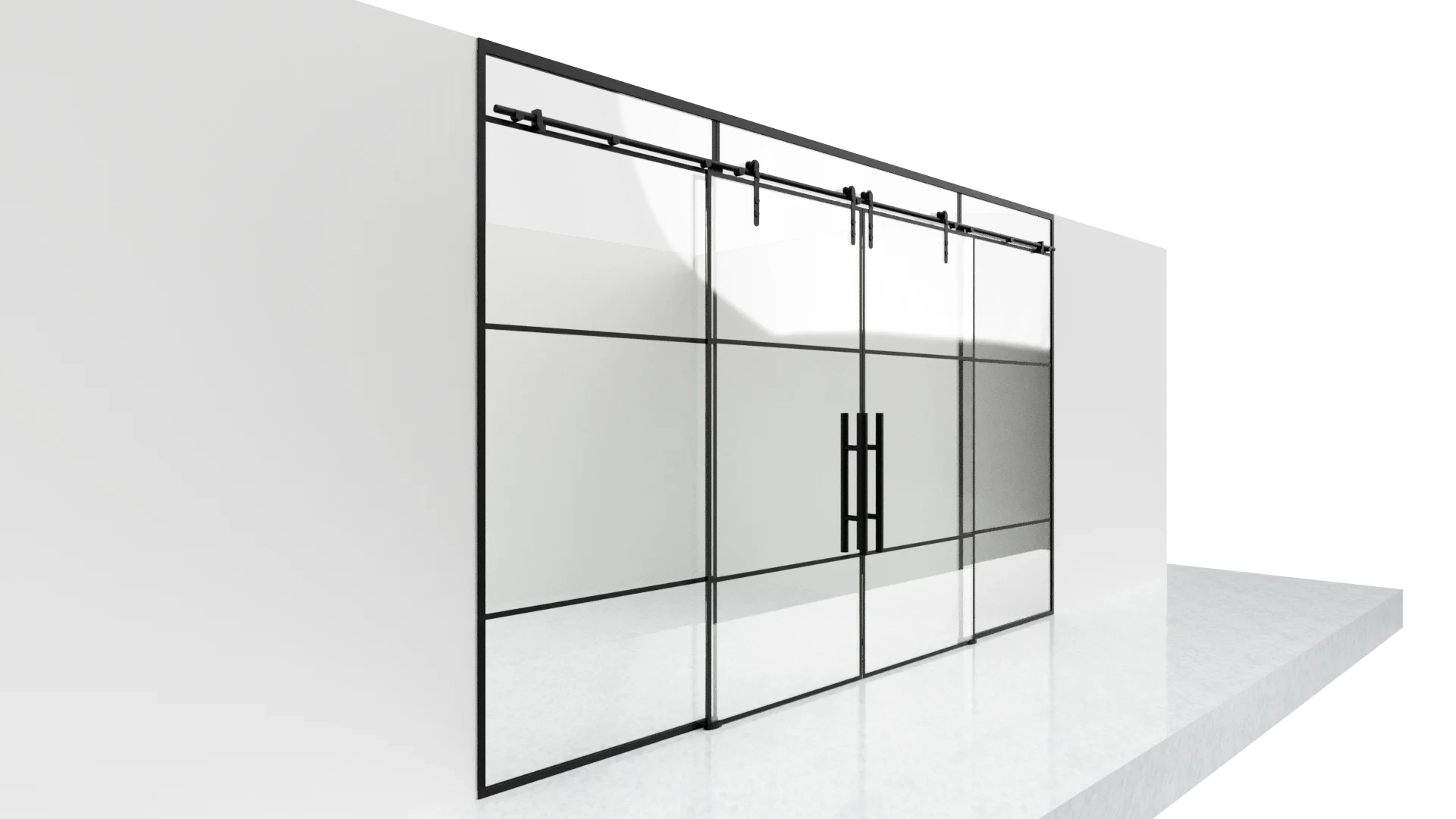 Modern glass barn door with black framing and sliding hardware for stylish home decor.