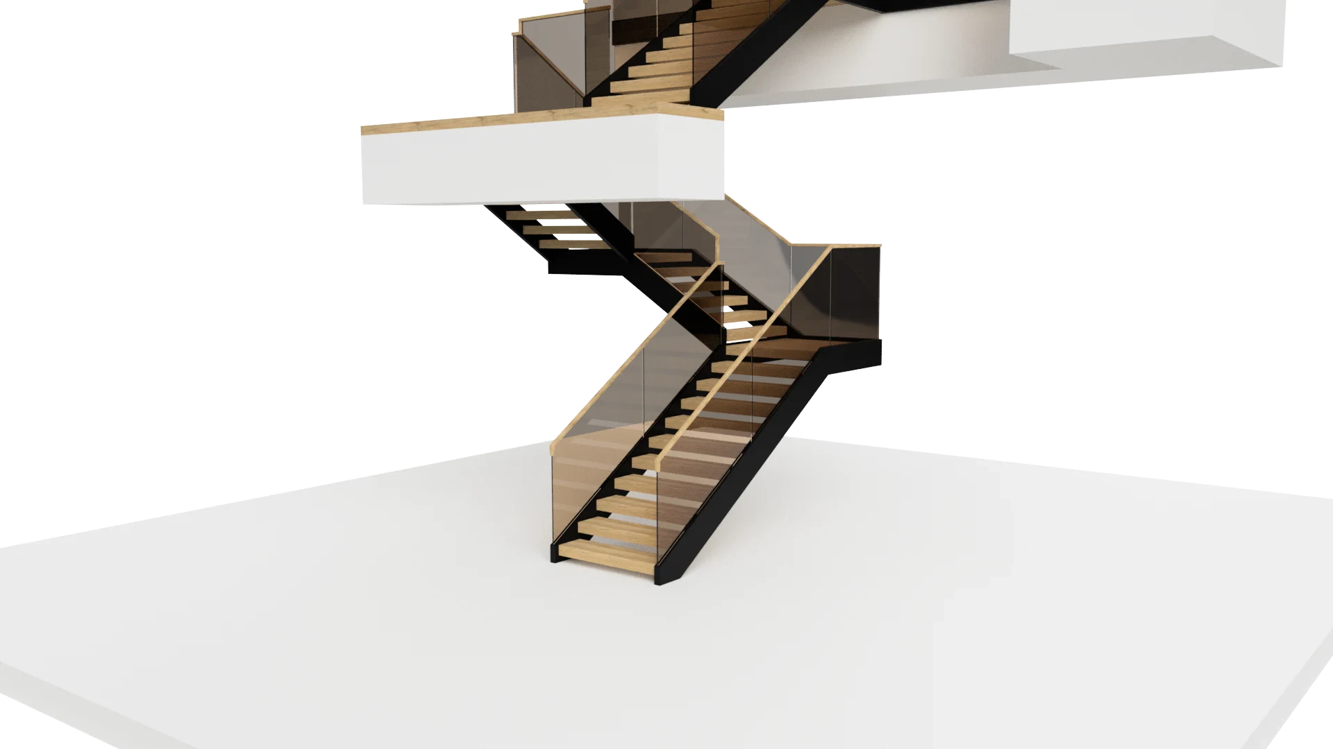 Clean glass stairway featuring black framing and wooden steps, ideal for contemporary homes and elegant interior design.