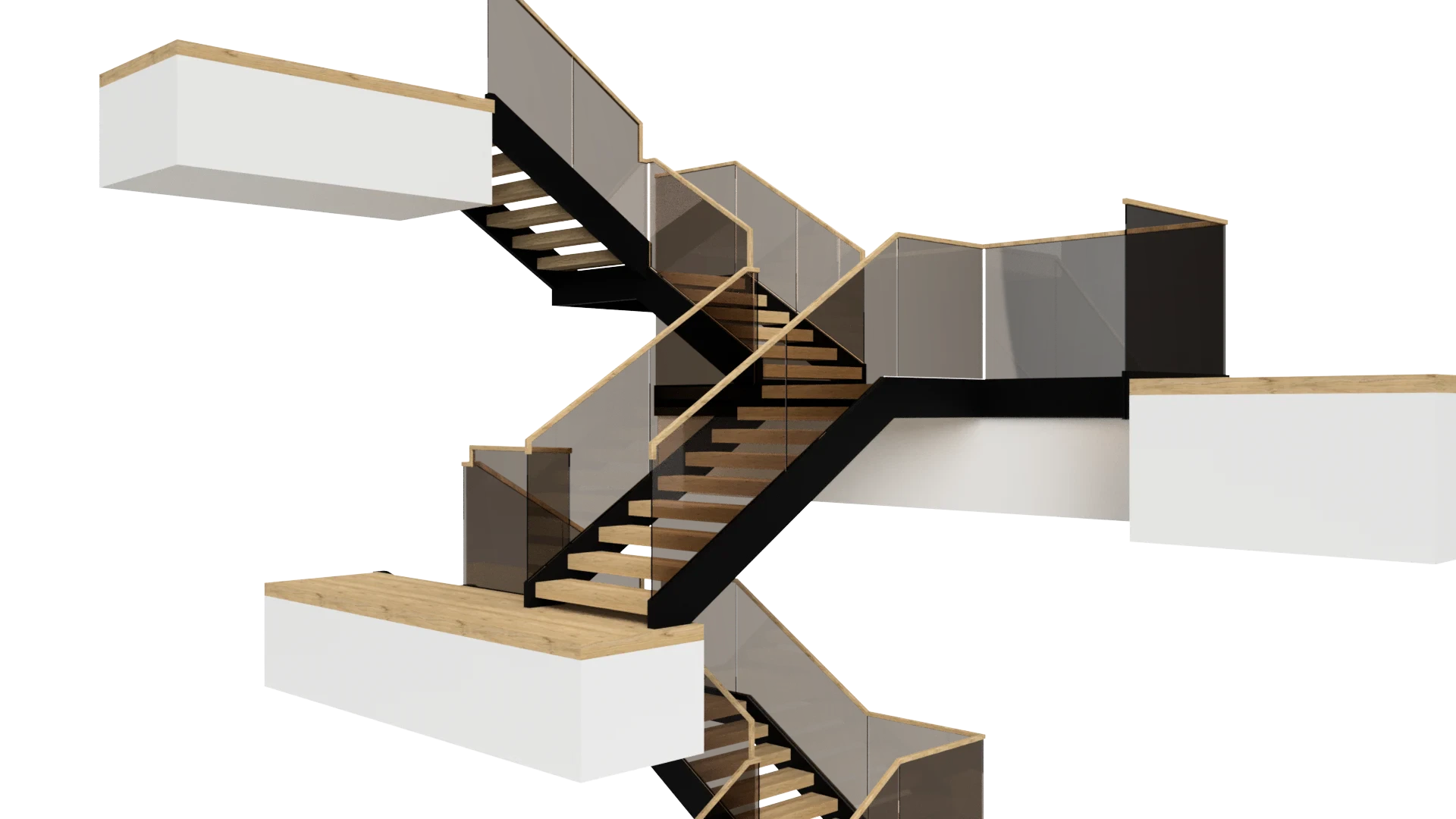 Modern glass staircase with sleek glass panels and wooden handrails for contemporary interiors.