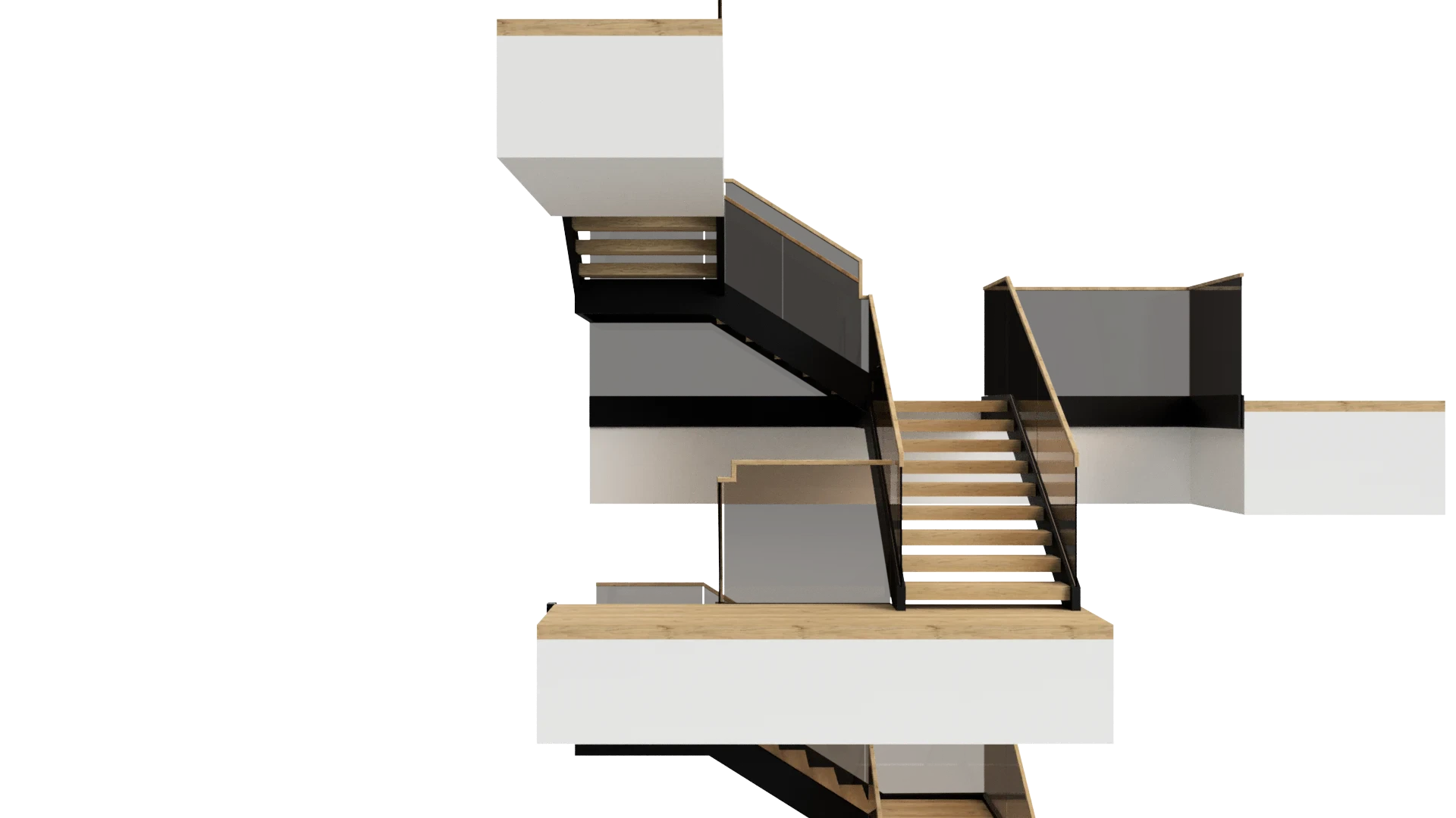 Modern glass staircase with black and wood finishes, stylish home or office feature.