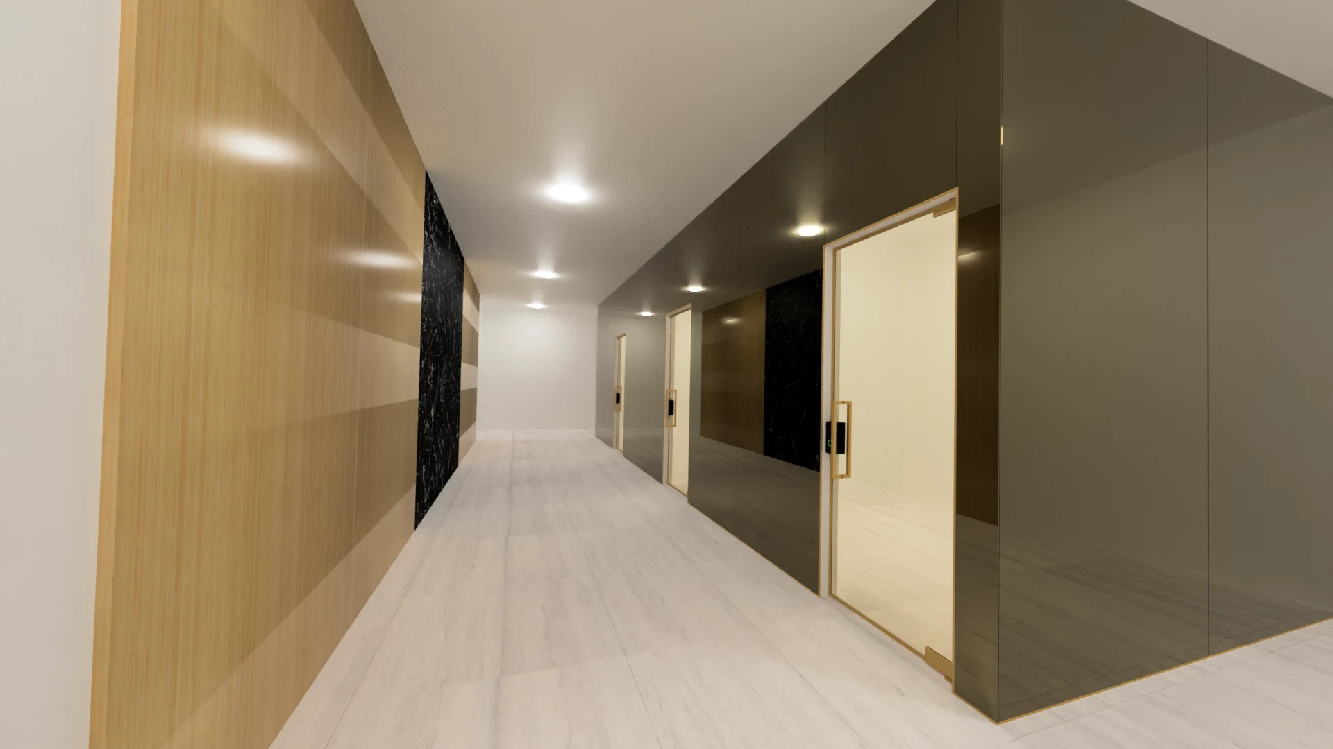 Stunning glass and mirror elevator area with sleek design and elegant materials.