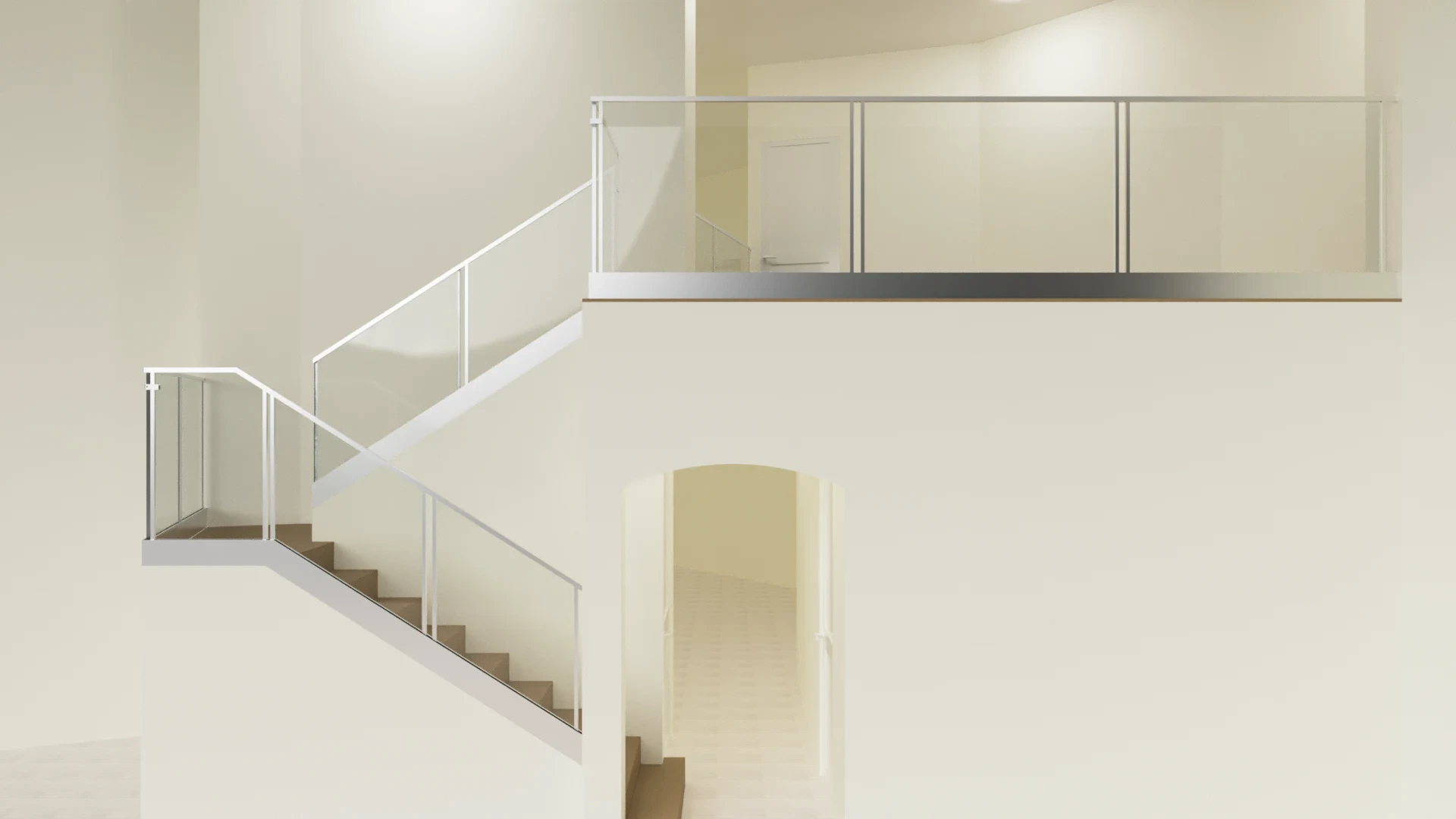 Elegant glass staircase with modern glass railing for luxury interior decor.