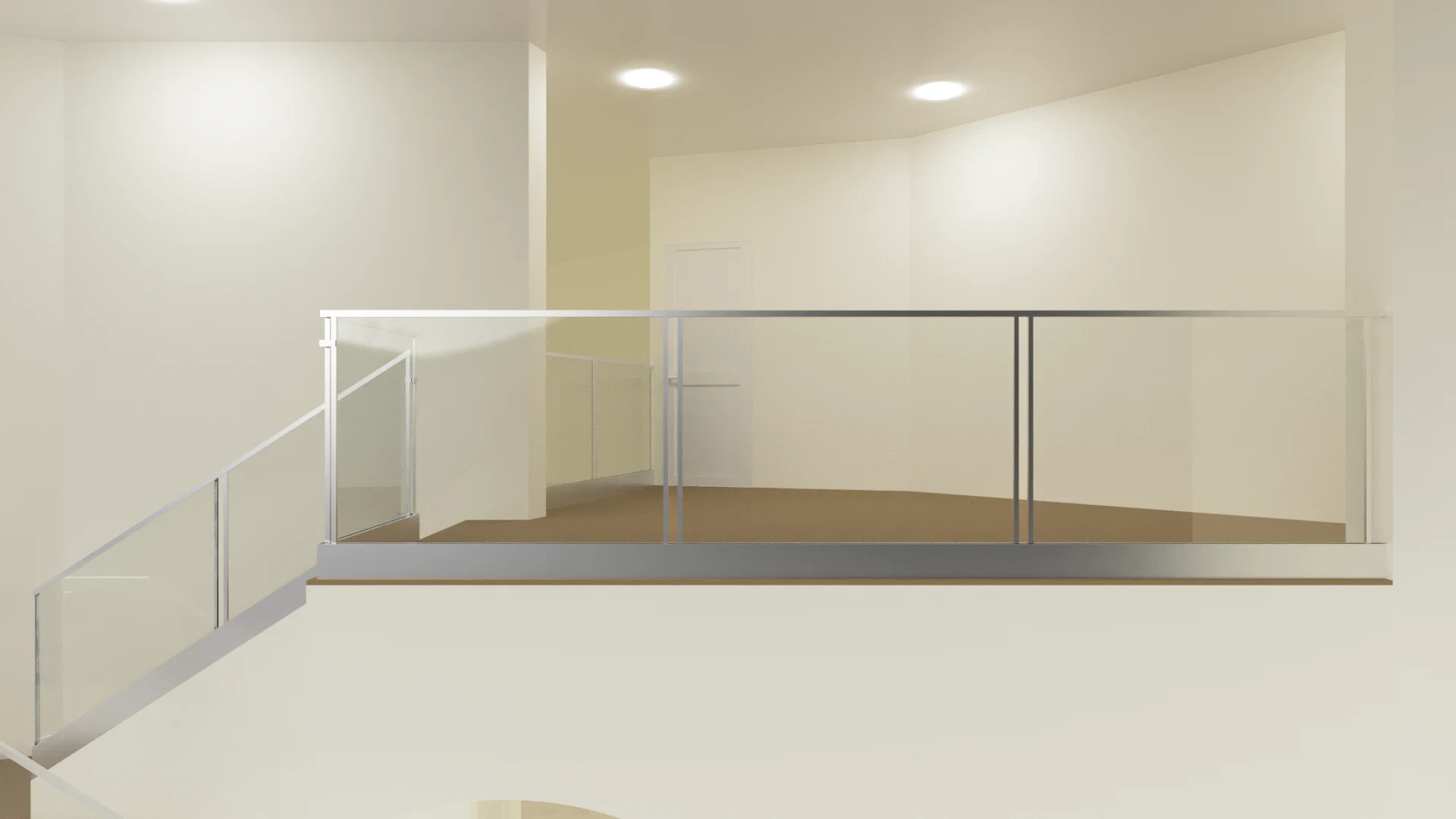 Modern glass mirror railing in interior space.