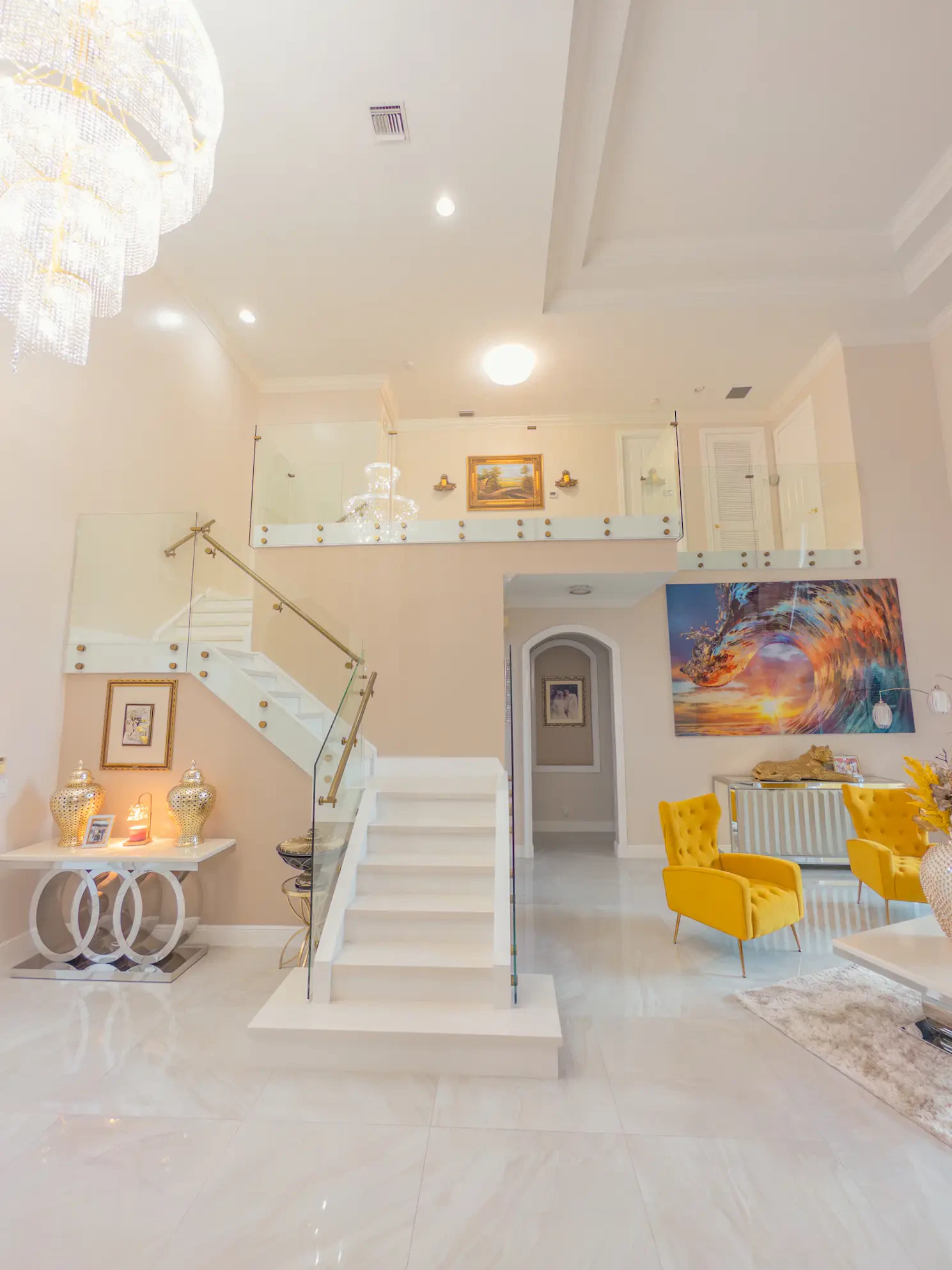Stunning crystal glass staircase and mirrors enhance home decor with luxury and style.