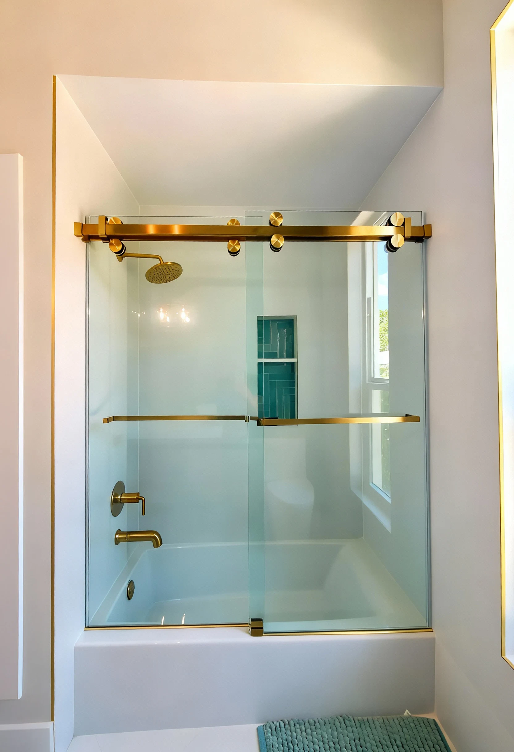 Modern glass shower enclosure with brass hardware.